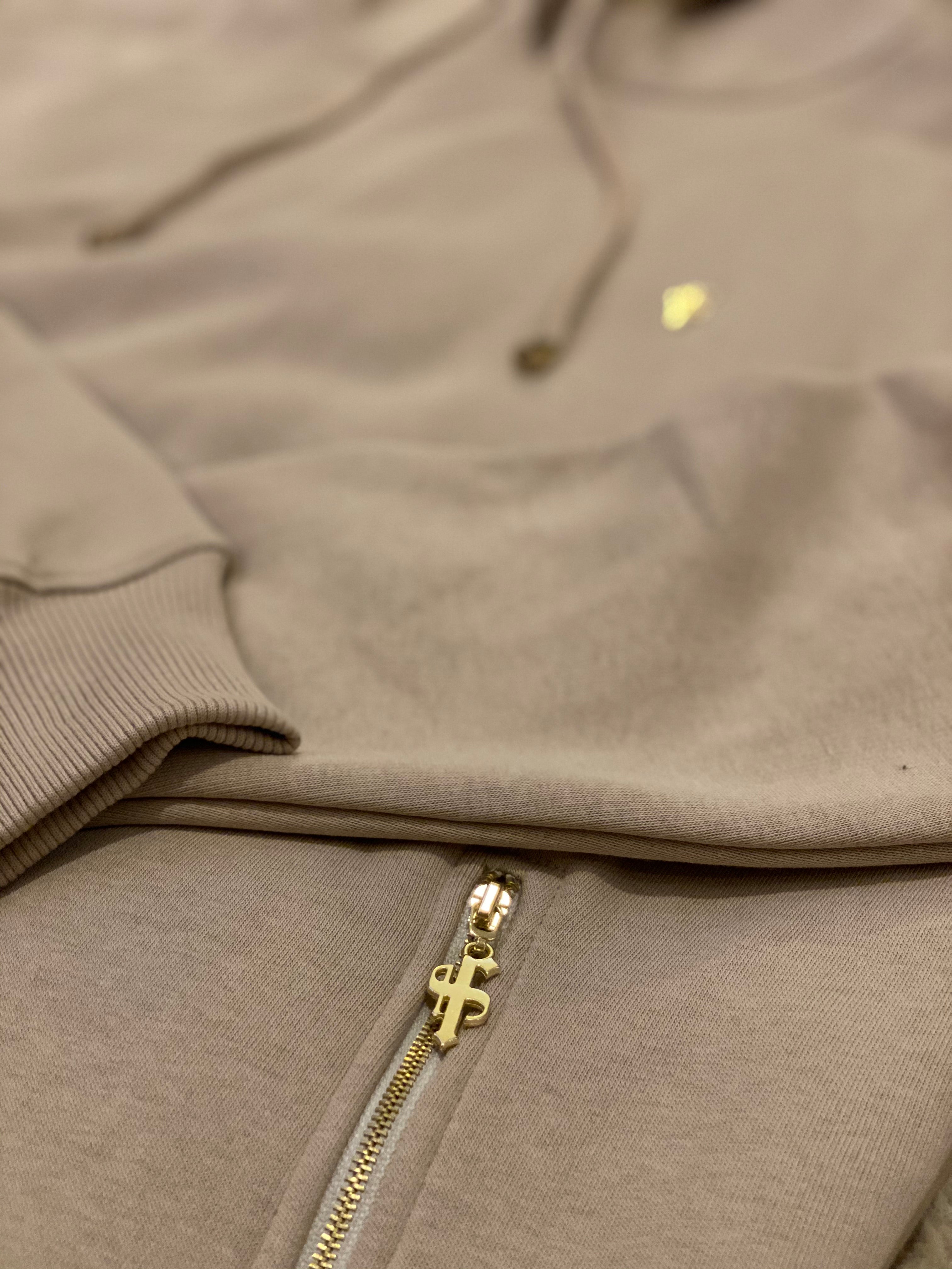 Beige & Gold Overhead Hoodie Top with Zipped Pockets - FSH483
