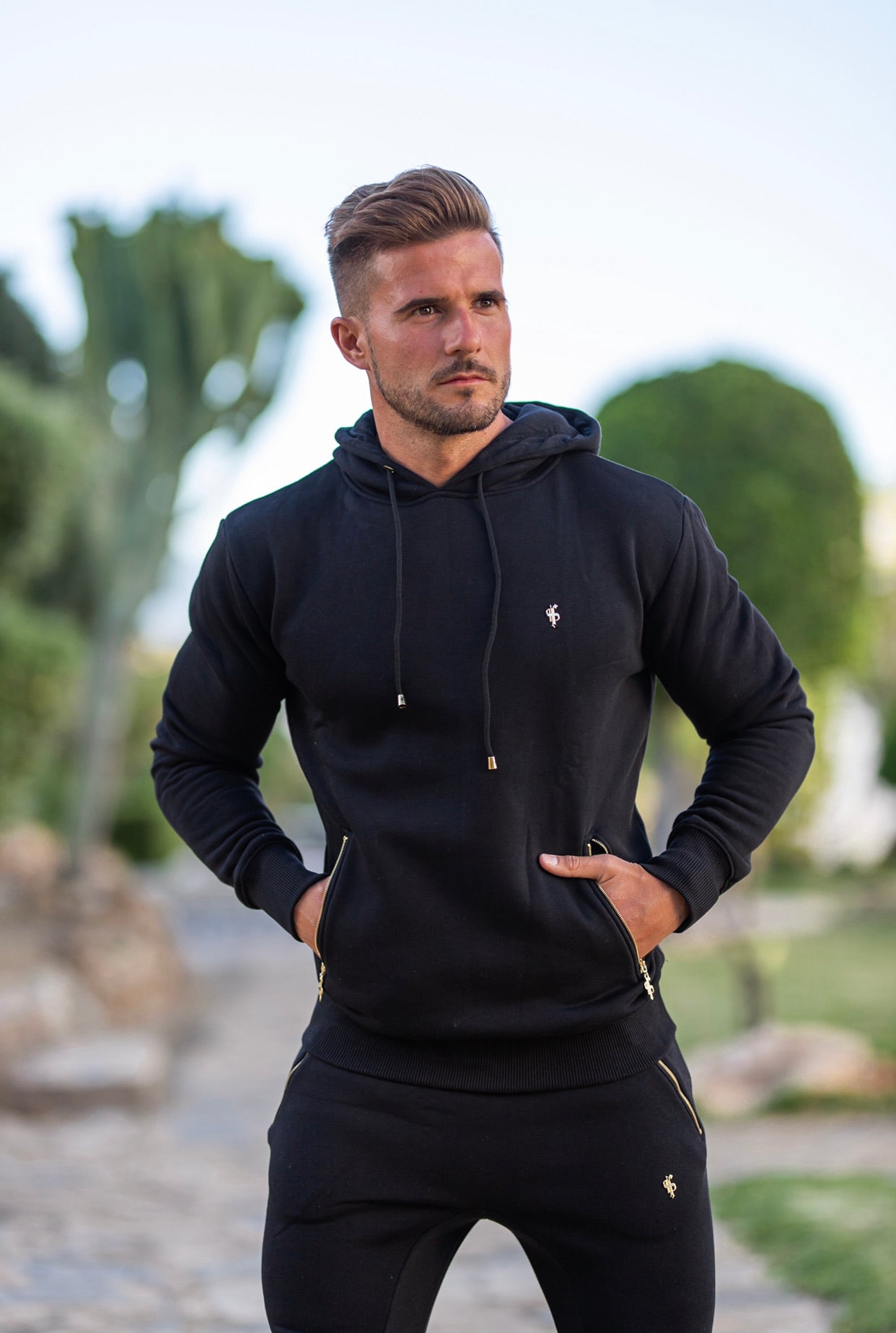 Black & Gold Overhead Hoodie Top with Zipped Pockets - FSH472
