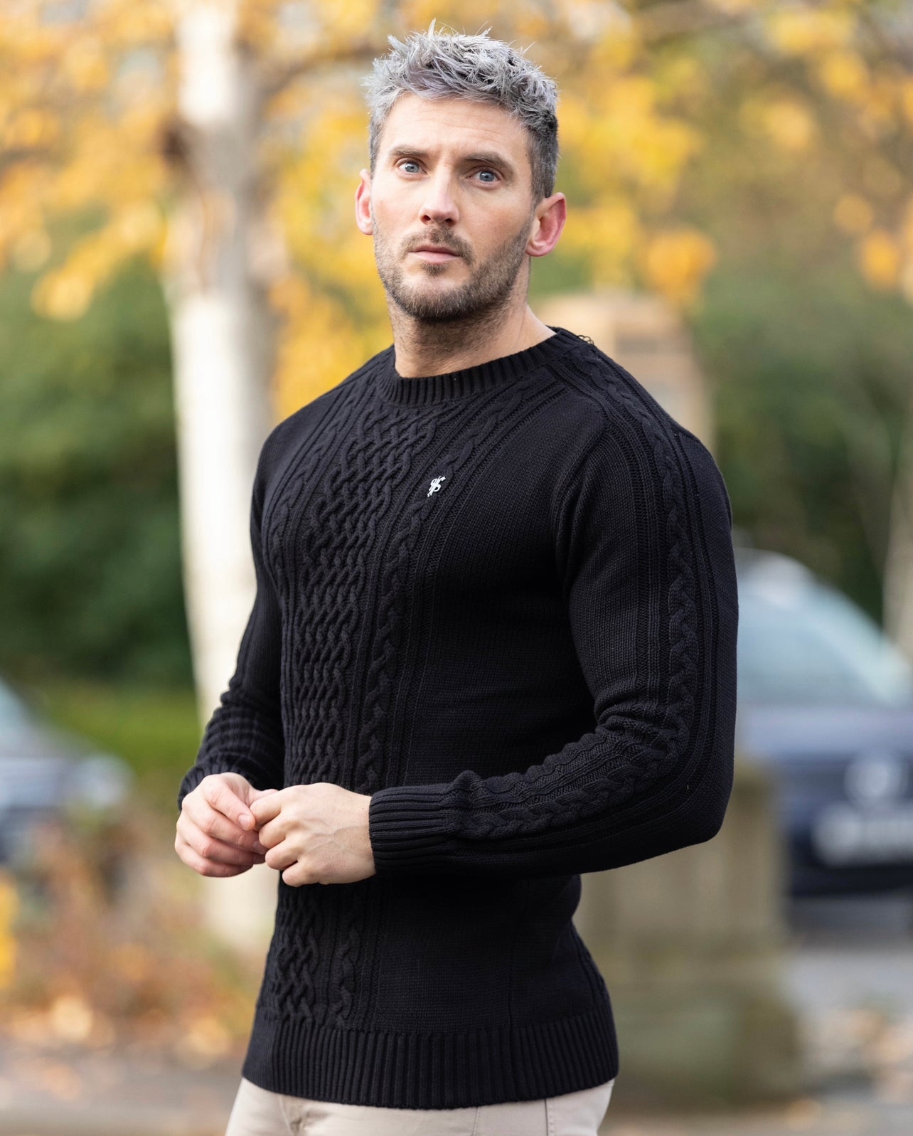 Black Knitted Cable Saddle Crew Super Slim Jumper With Metal Decal - FSN073