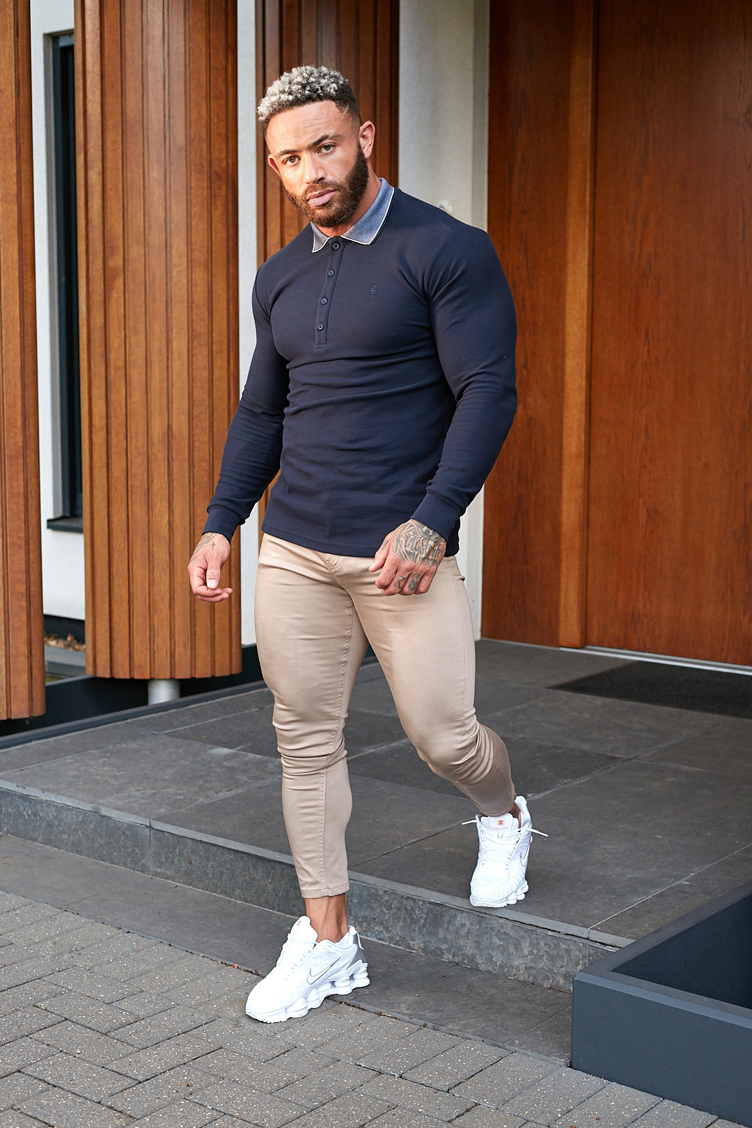 Classic Navy Honeycomb Textured Polo Shirt with Contrast Collar Long Sleeve - FSH425