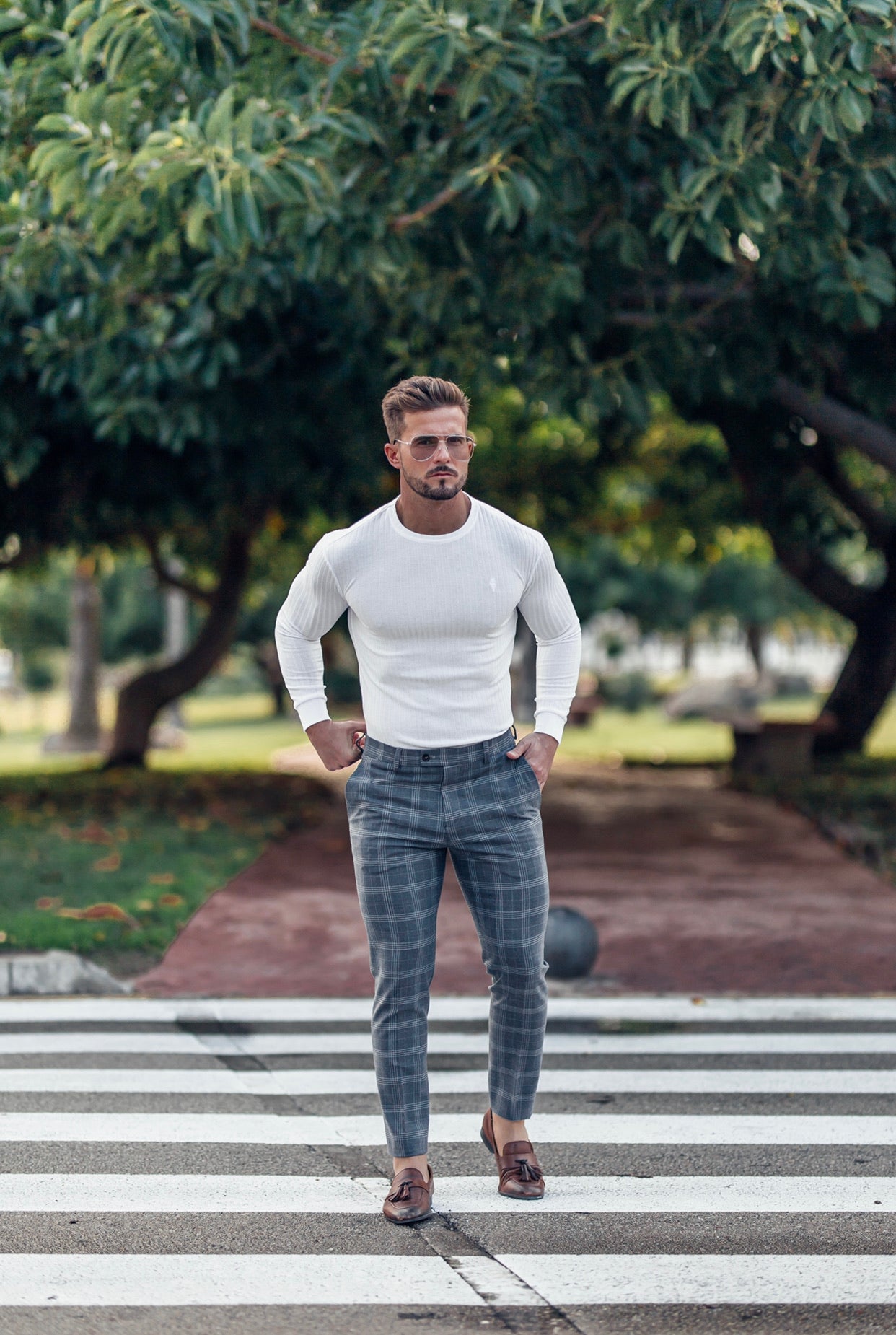 Slim Formal Large Silver Grey Check Stretch Trousers - FST005