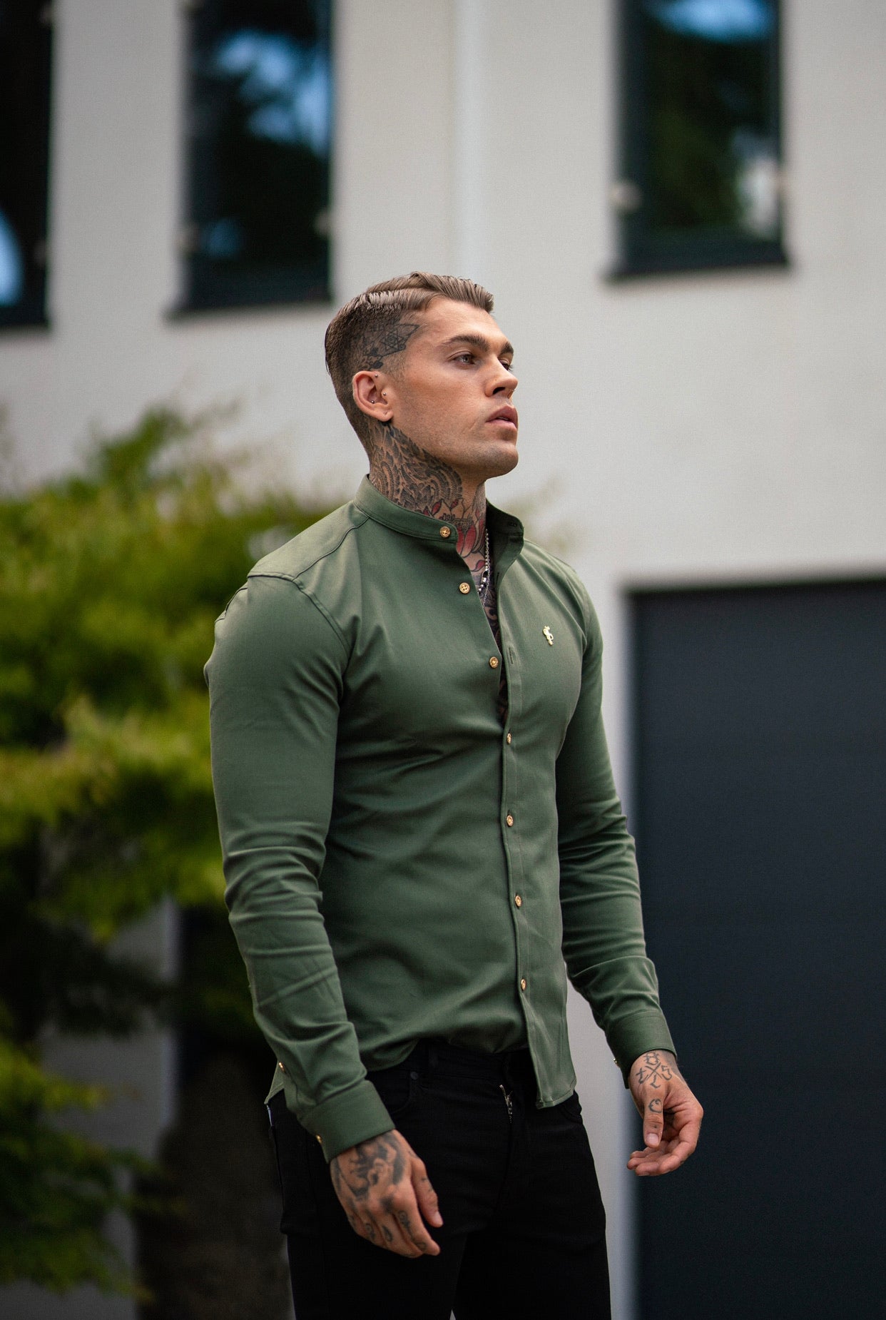 Super Slim Stretch Khaki Denim Long Sleeve Grandad collar with Metal Buttons and Decal Emblem - FS715