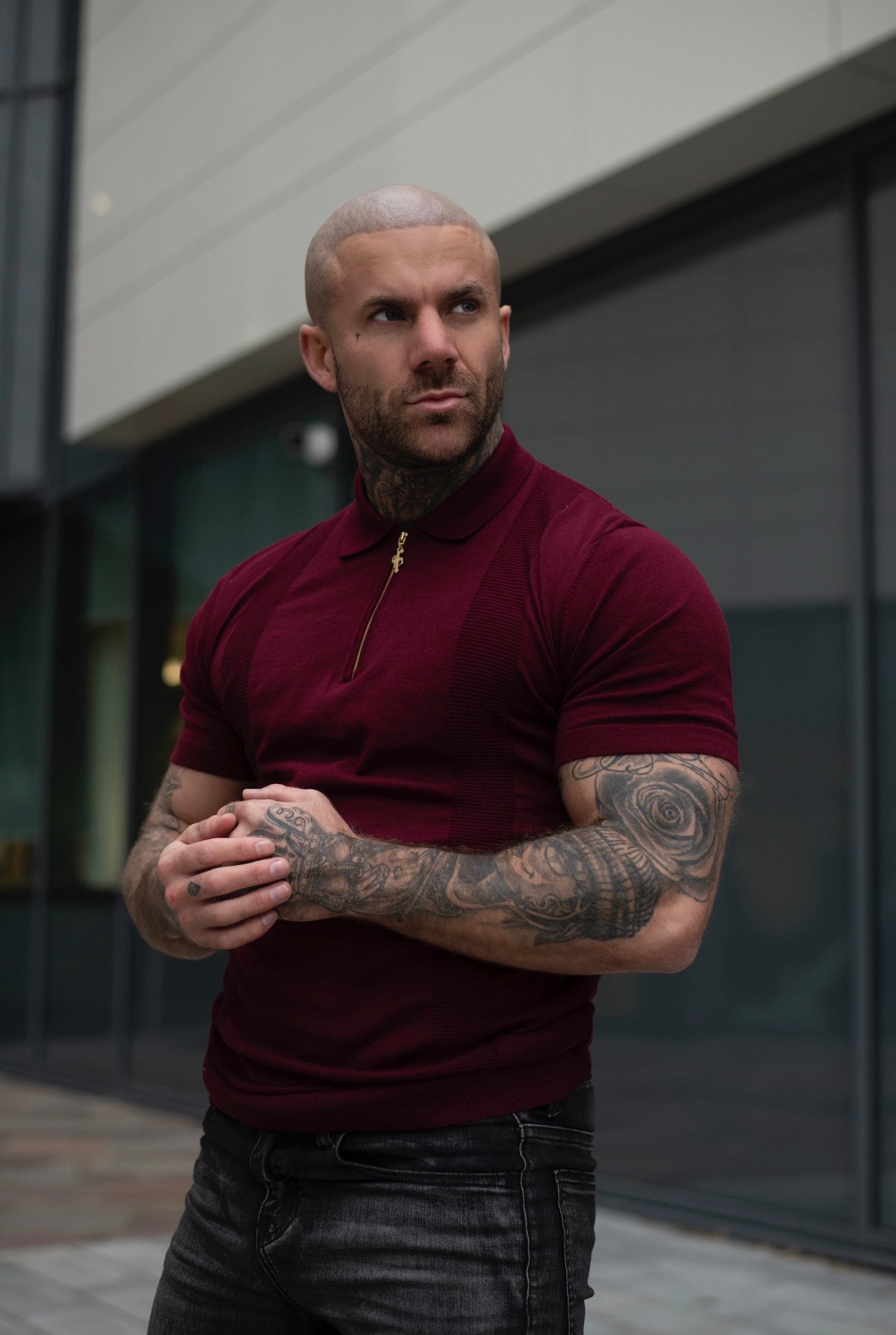 Classic Fig Burgundy and Gold Zip Knitted Short Sleeve Polo - FSH466