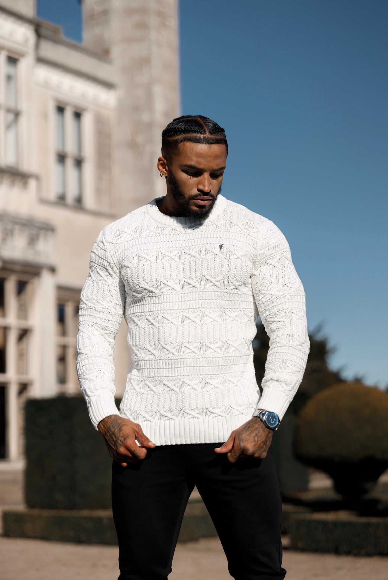 Off White Knitted Cable Link Crew Super Slim Jumper With Metal Decal - FSN070