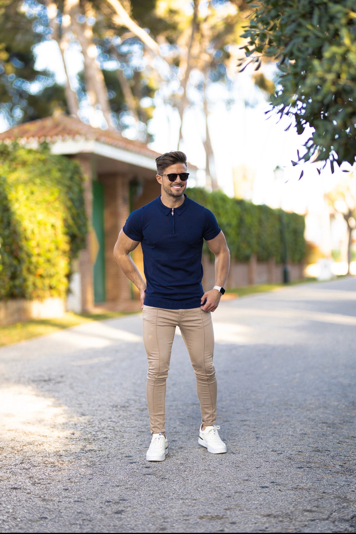 Classic Navy Merino Wool Knitted Zip Polo Short Sleeve Jumper With FS Embroidery- FSN027