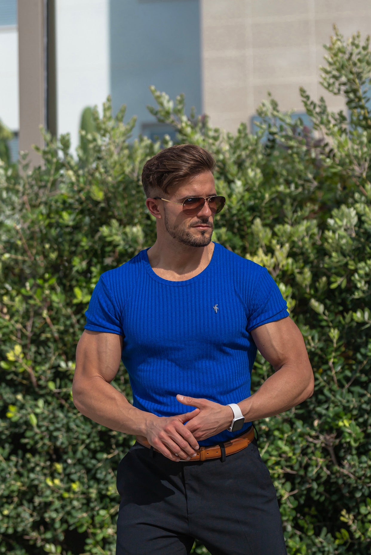 Classic Royal Blue Ribbed Knit Super Slim Short Sleeve Crew with Black Metal Emblem - FSH599