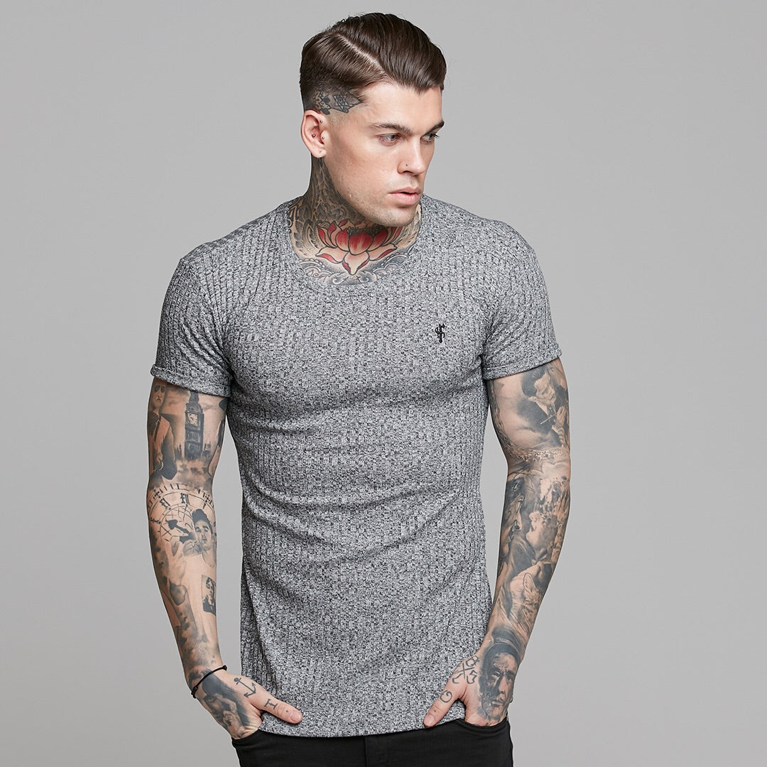 Classic Grey Ribbed Knit Super Slim Long Line Crew- FSH173