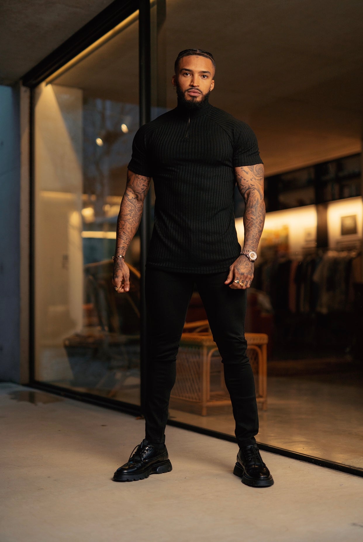 Classic Black Ribbed Zip Funnel Neck Raglan Short Sleeve Crew - FSH729