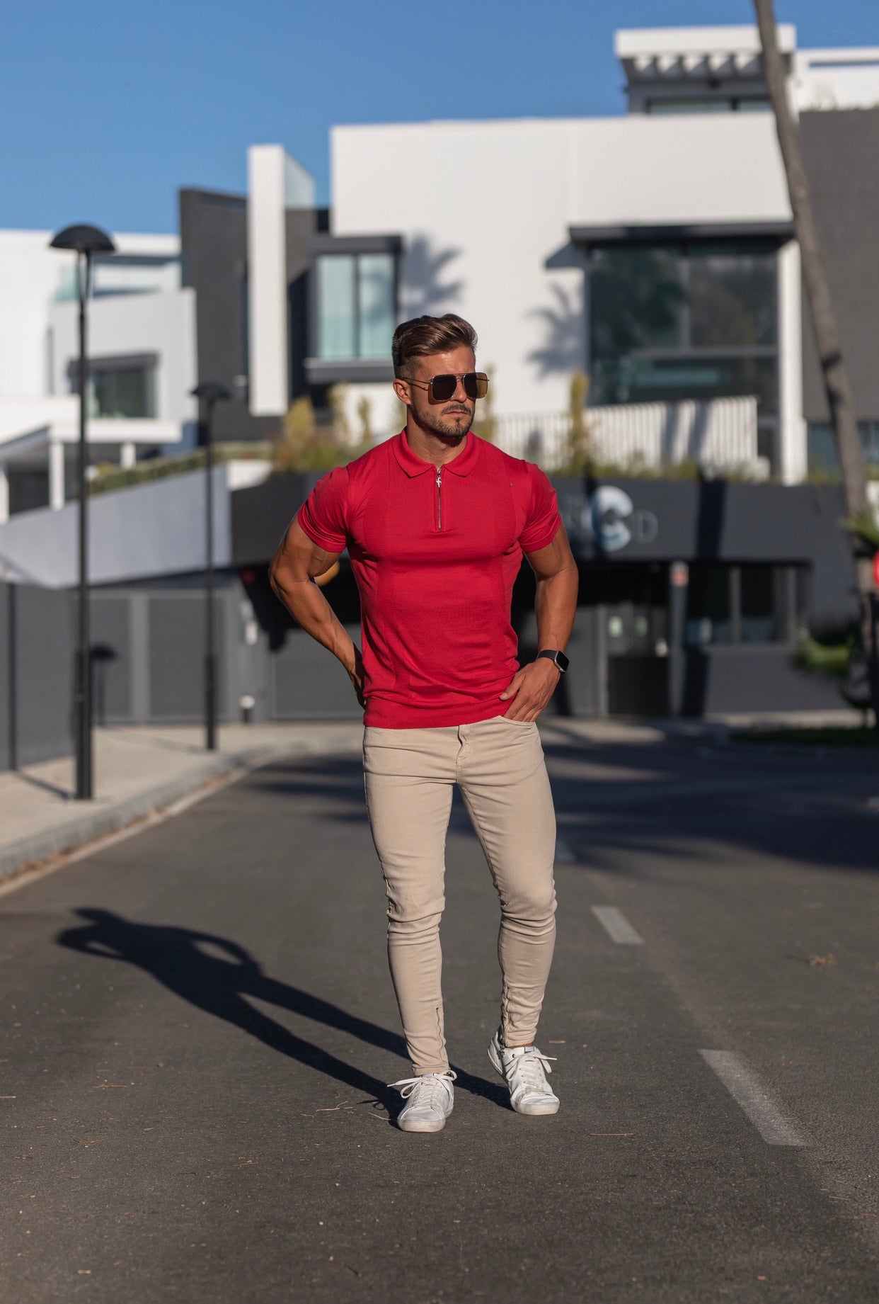 Classic Red and Black Zip Knitted Short Sleeve Polo - FSH467