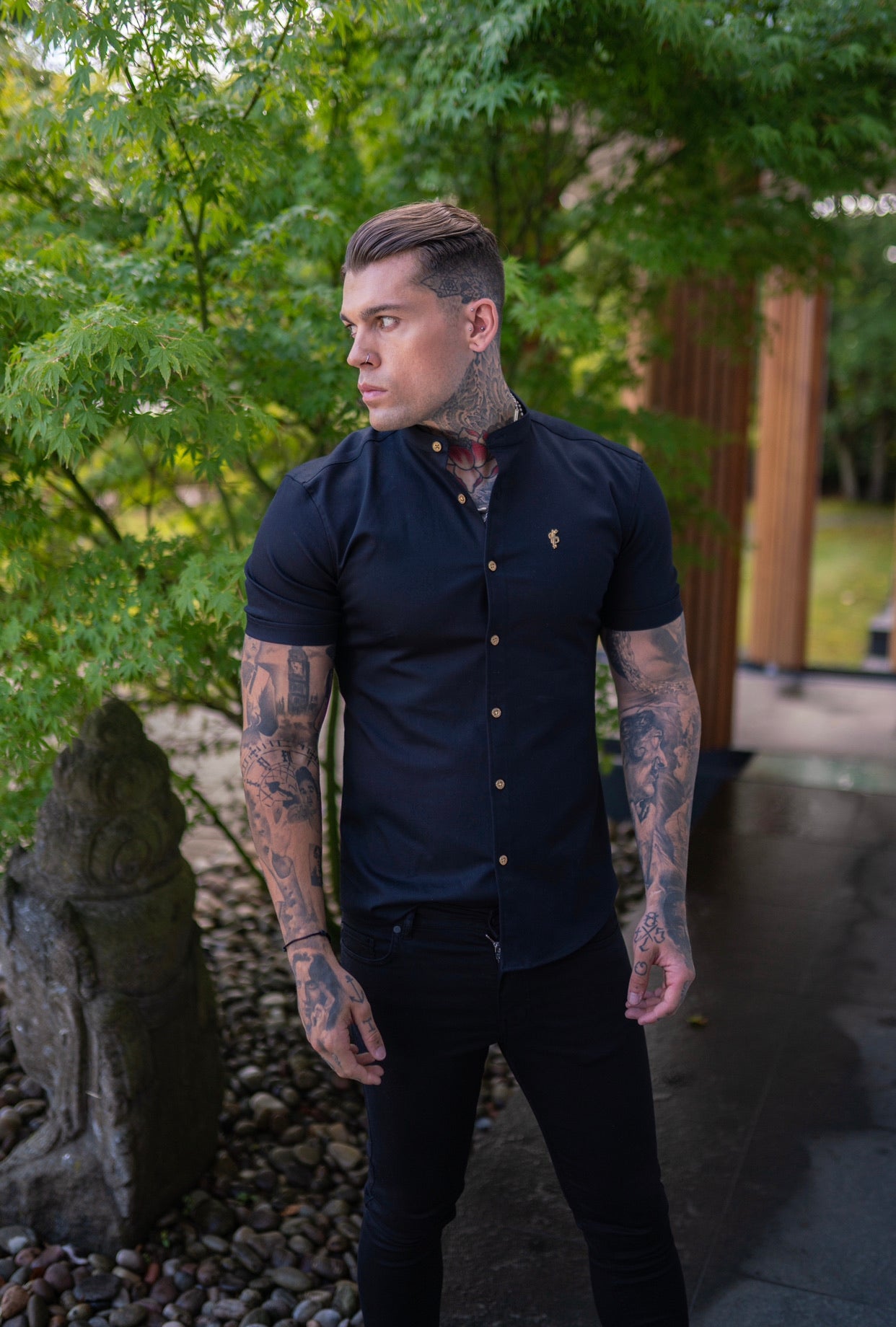 Super Slim Stretch Black Denim Short Sleeve Grandad collar with Metal Buttons and Decal Emblem - FS708
