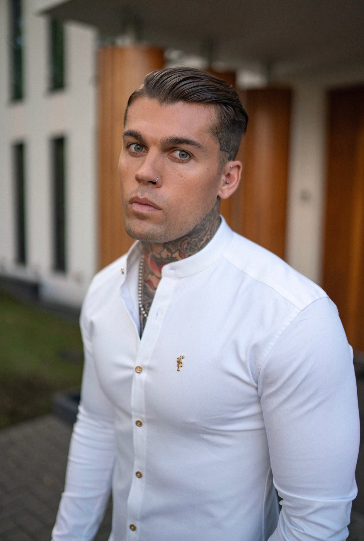 Super Slim Stretch White Denim Long Sleeve Grandad collar with Metal Buttons and Decal Emblem - FS719