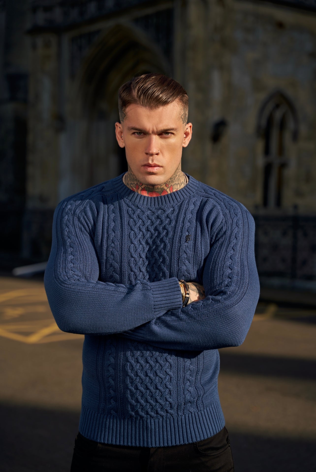 Navy Knitted Cable Saddle Crew Super Slim Jumper With Metal Decal - FSN074