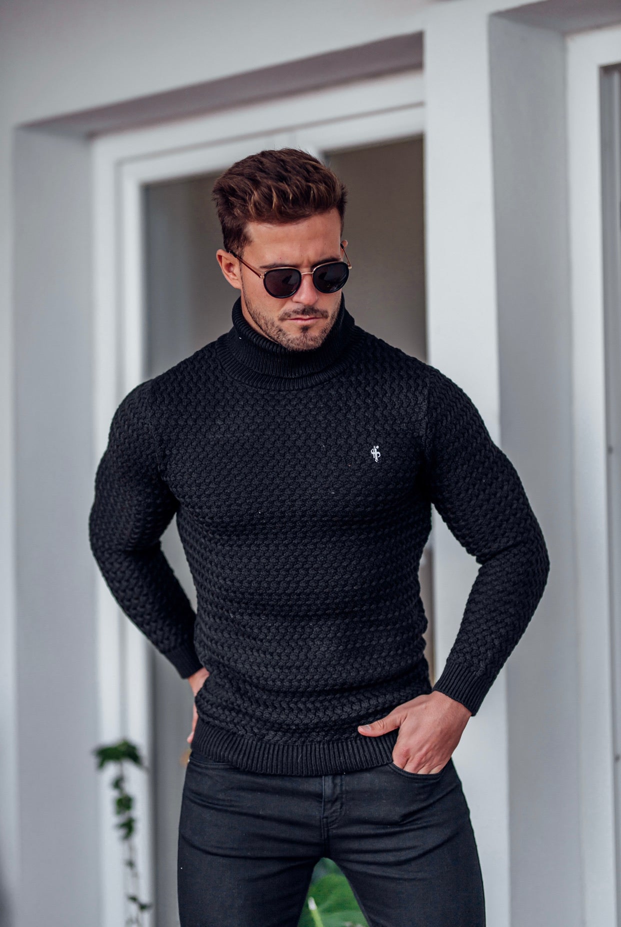 Black Knitted Roll Neck Weave Super Slim Jumper With Metal Decal - FSJ024