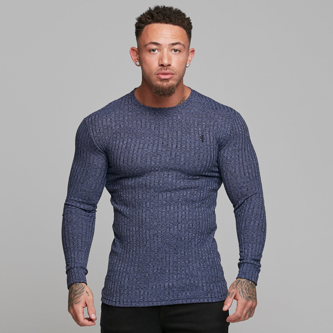 Classic Navy Ribbed Knit Super Slim Crew - FSH114