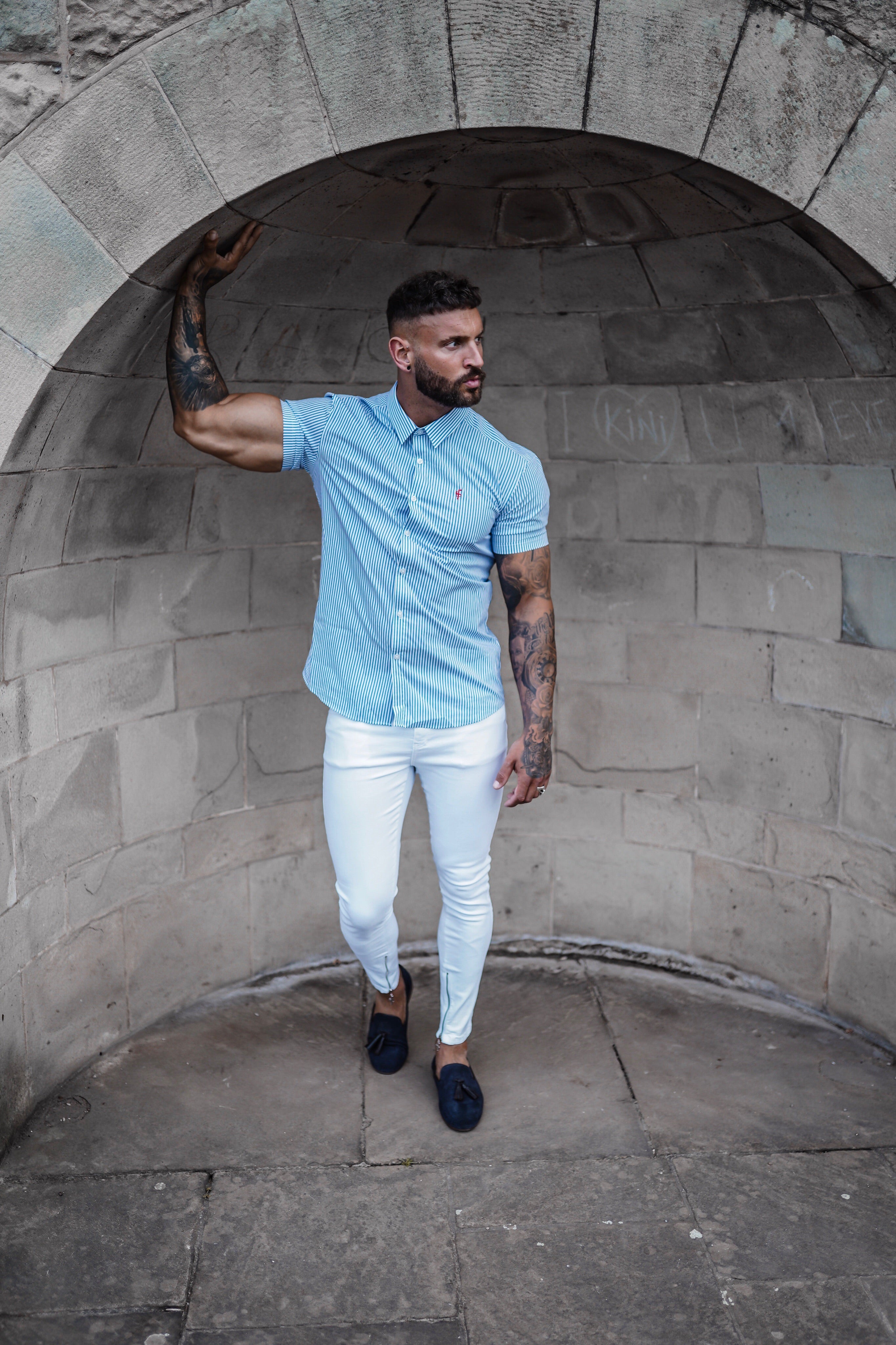 Super Slim Stretch Navy & White Stripe Short Sleeve Regular Stretch(Red Emblem) - FS573