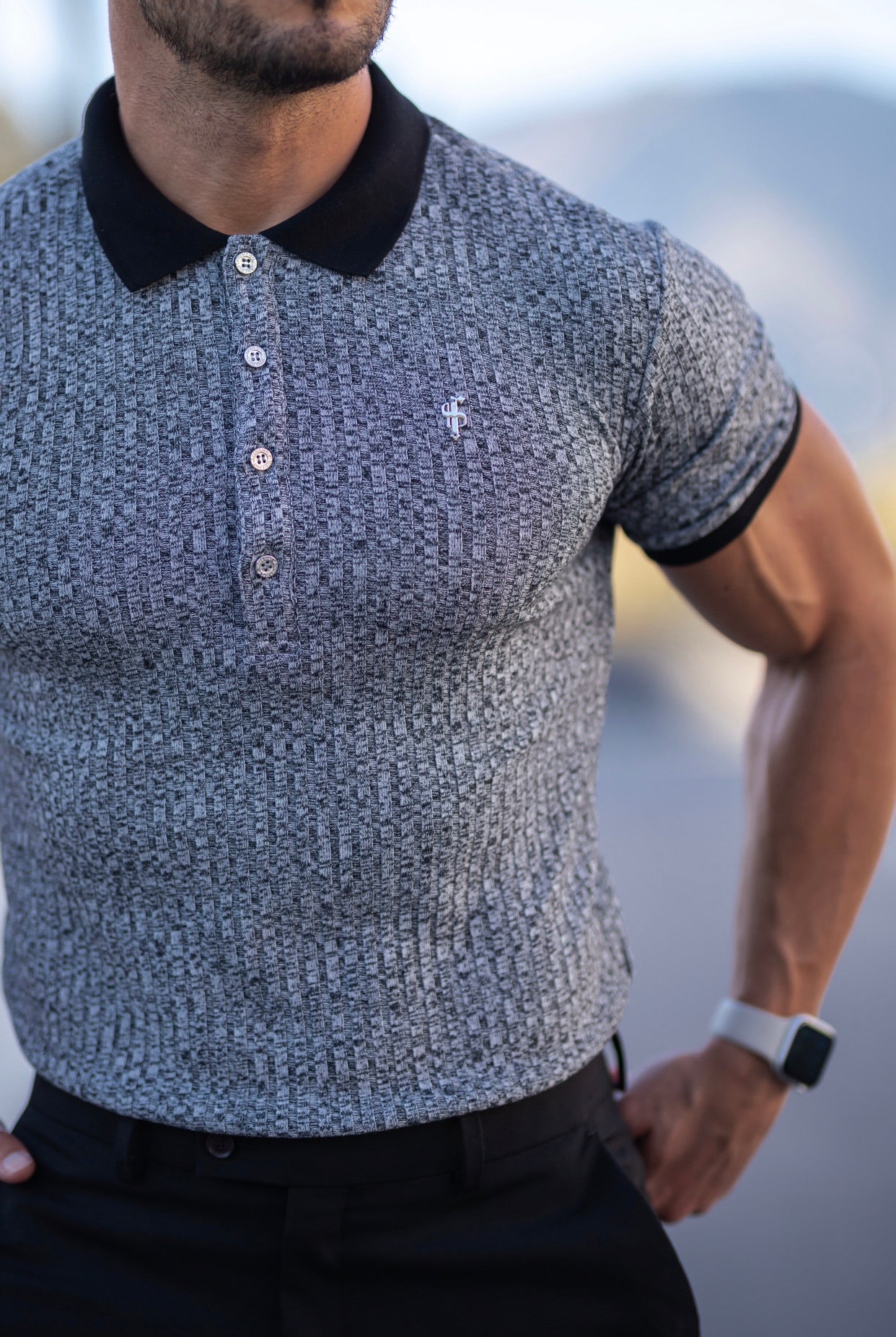 Classic Grey / Black Ribbed Polo Shirt Short Sleeve with Metal Emblem - FSH552