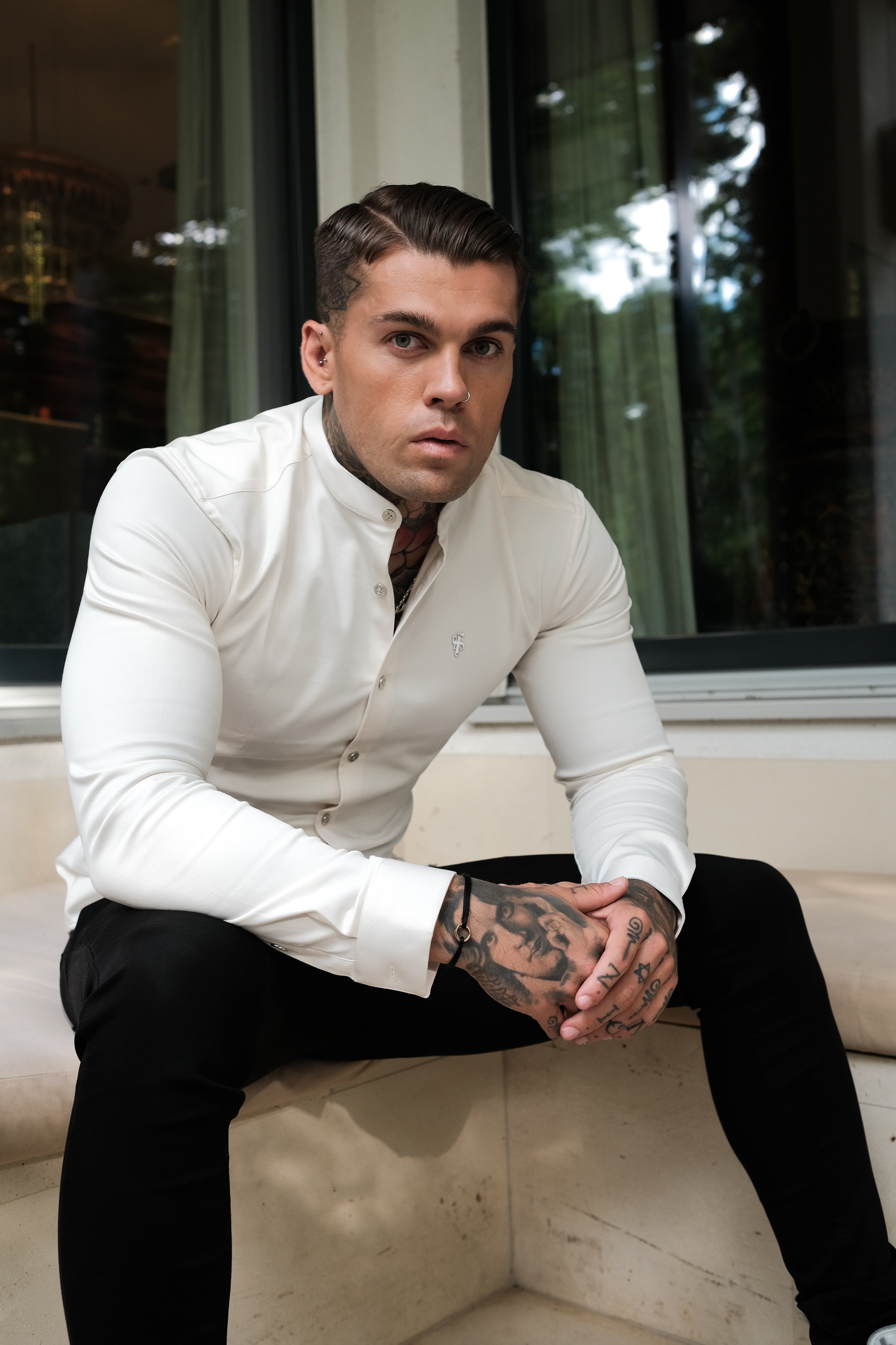 Super Slim Stretch Cream Denim Long Sleeve Grandad collar with Metal Buttons and Decal Emblem - FS725