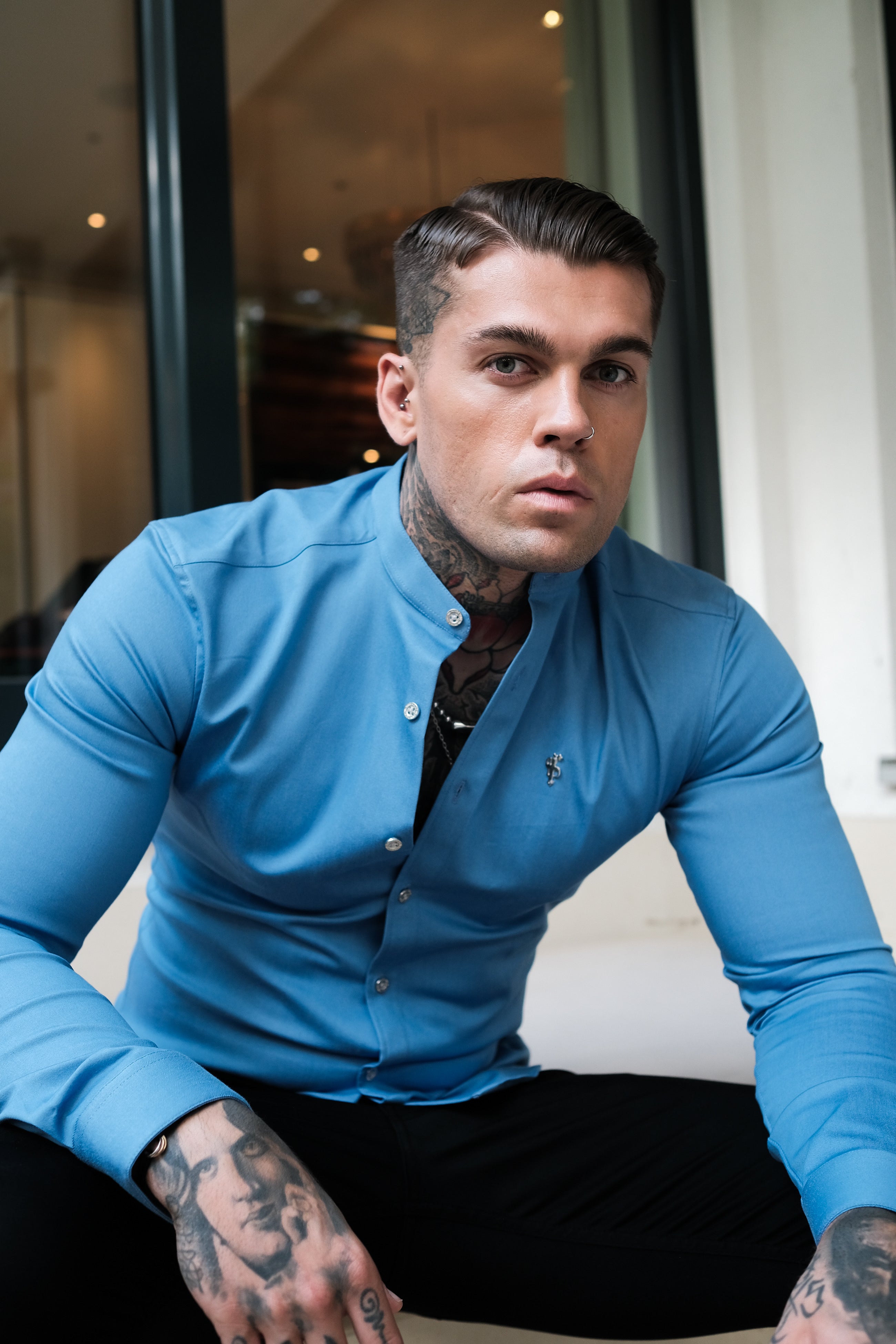 Super Slim Stretch Light Blue Denim Long Sleeve Grandad collar with Metal Buttons and Decal Emblem - FS717