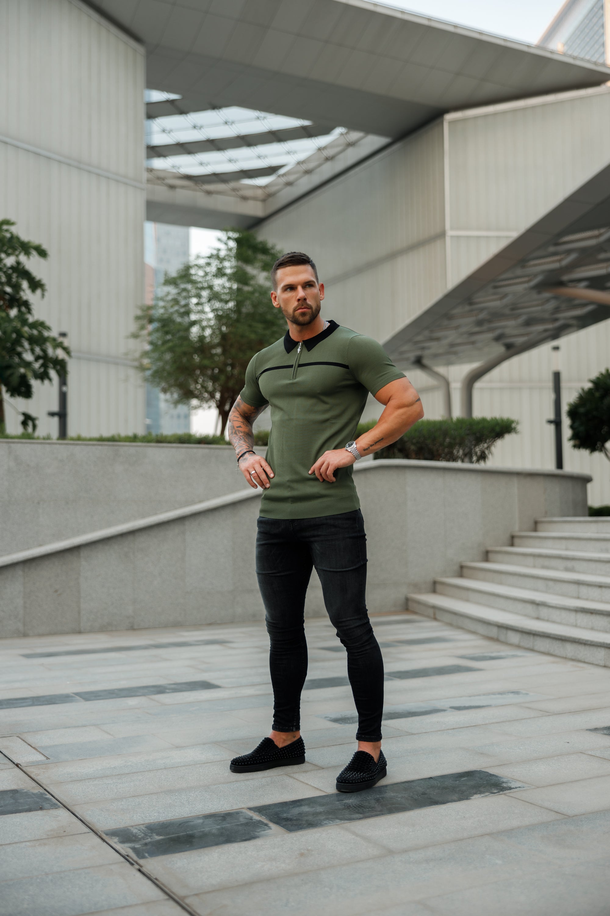 Classic Khaki / Black Horizontal Stripe Zipped Polo Short Sleeve - FSN042