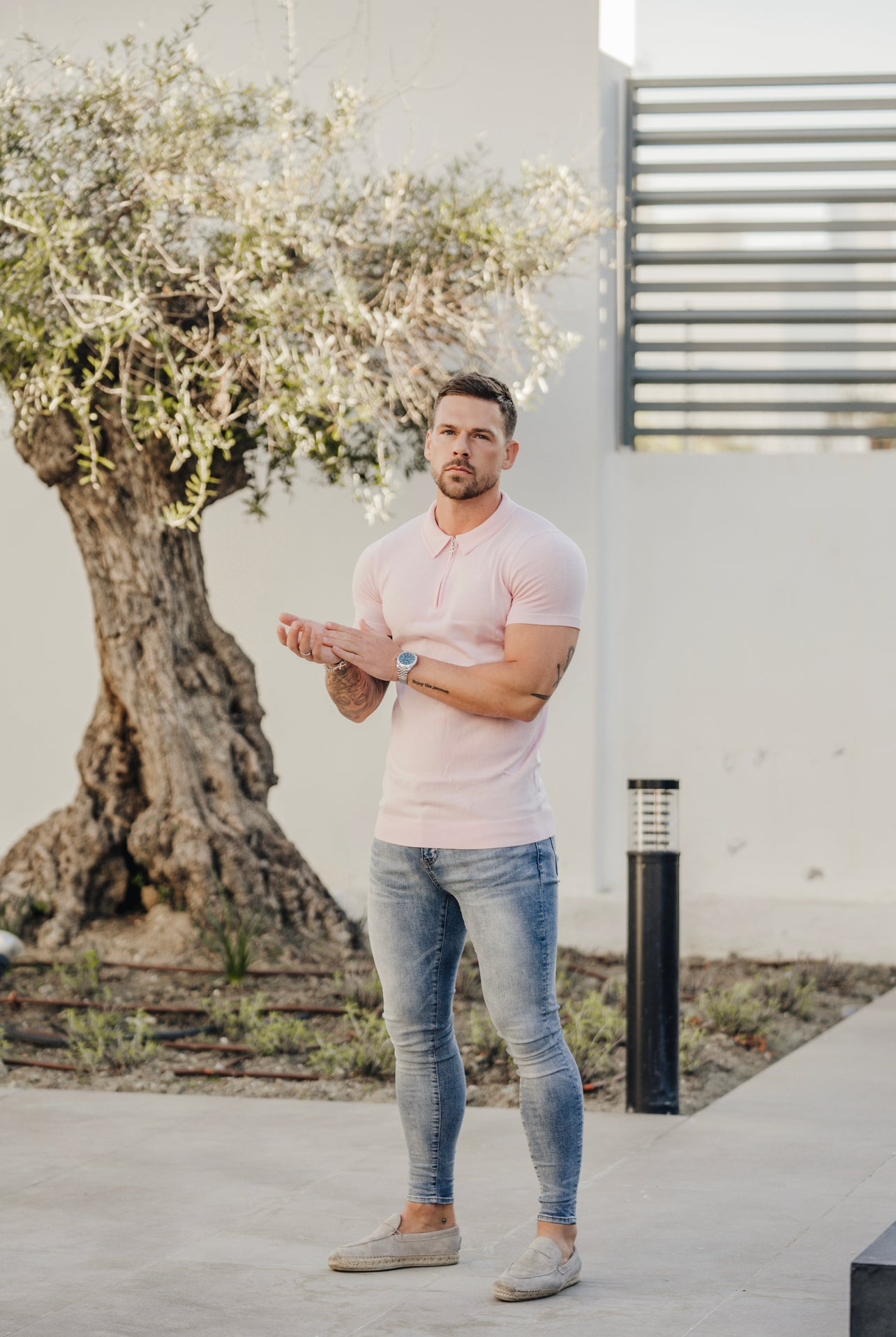Classic Pale Pink Merino Wool Knitted Zip Polo Short Sleeve Jumper With FS Embroidery- FSN029