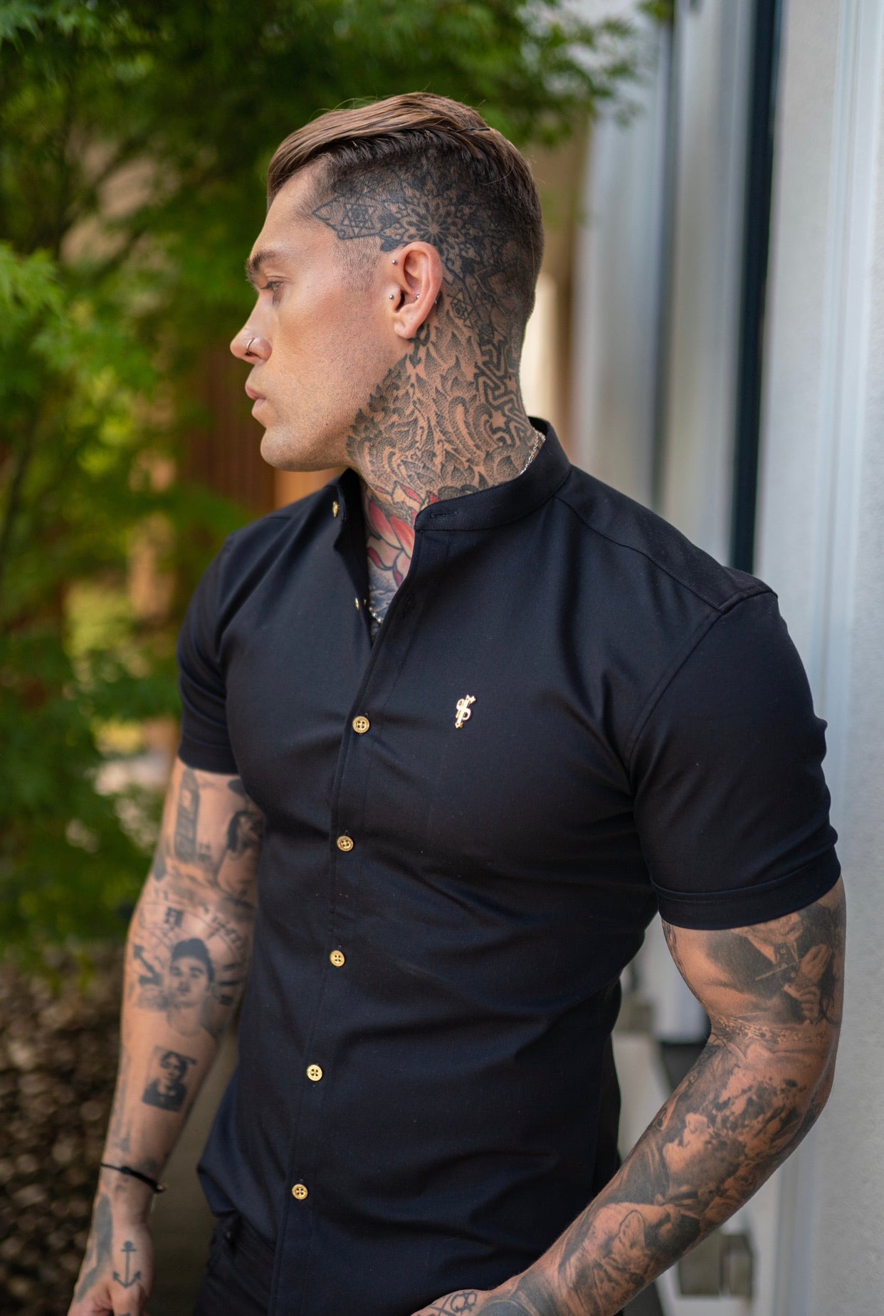 Super Slim Stretch Black Denim Short Sleeve Grandad collar with Metal Buttons and Decal Emblem - FS708