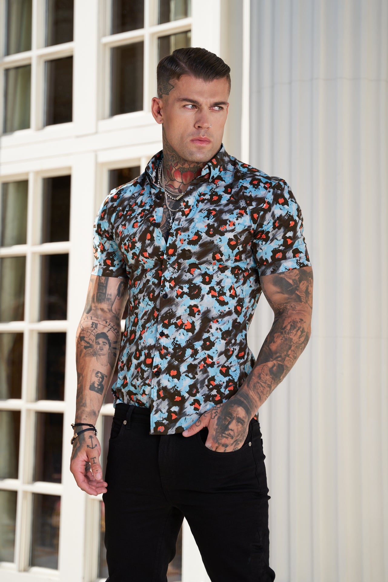 Super Slim Stretch Multi Colour Abstract Leopard Print Short Sleeve with Button Down Collar - FS790