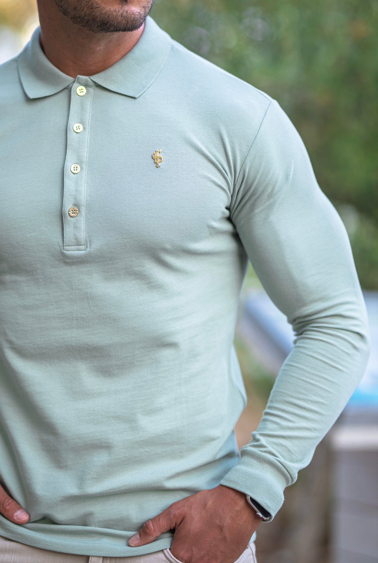 Classic Long Sleeve Sage Green Polo Shirt with Gold Metal Emblem Decal & Buttons - FSH501