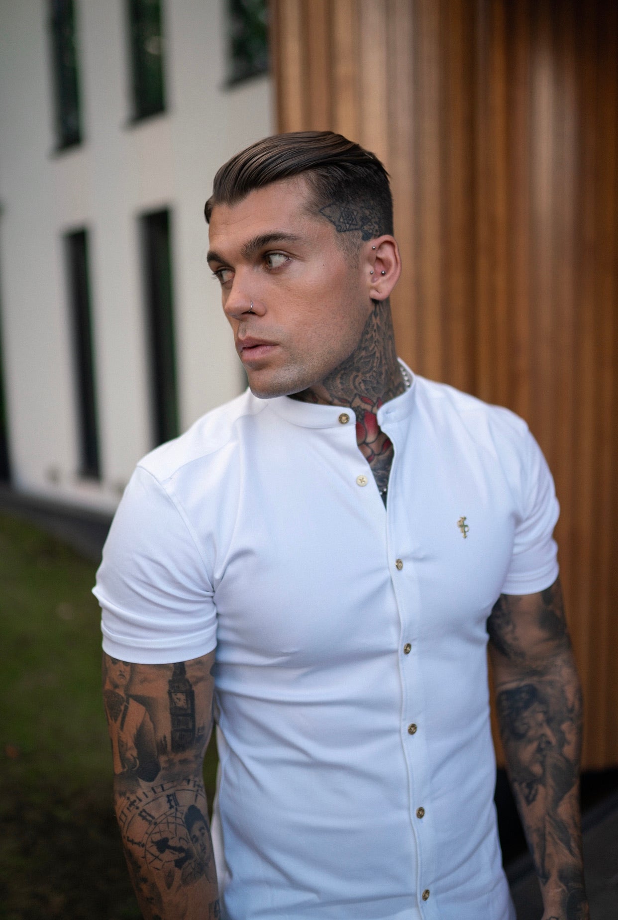 Super Slim Stretch White Denim Short Sleeve Grandad collar with Metal Buttons and Decal Emblem - FS720