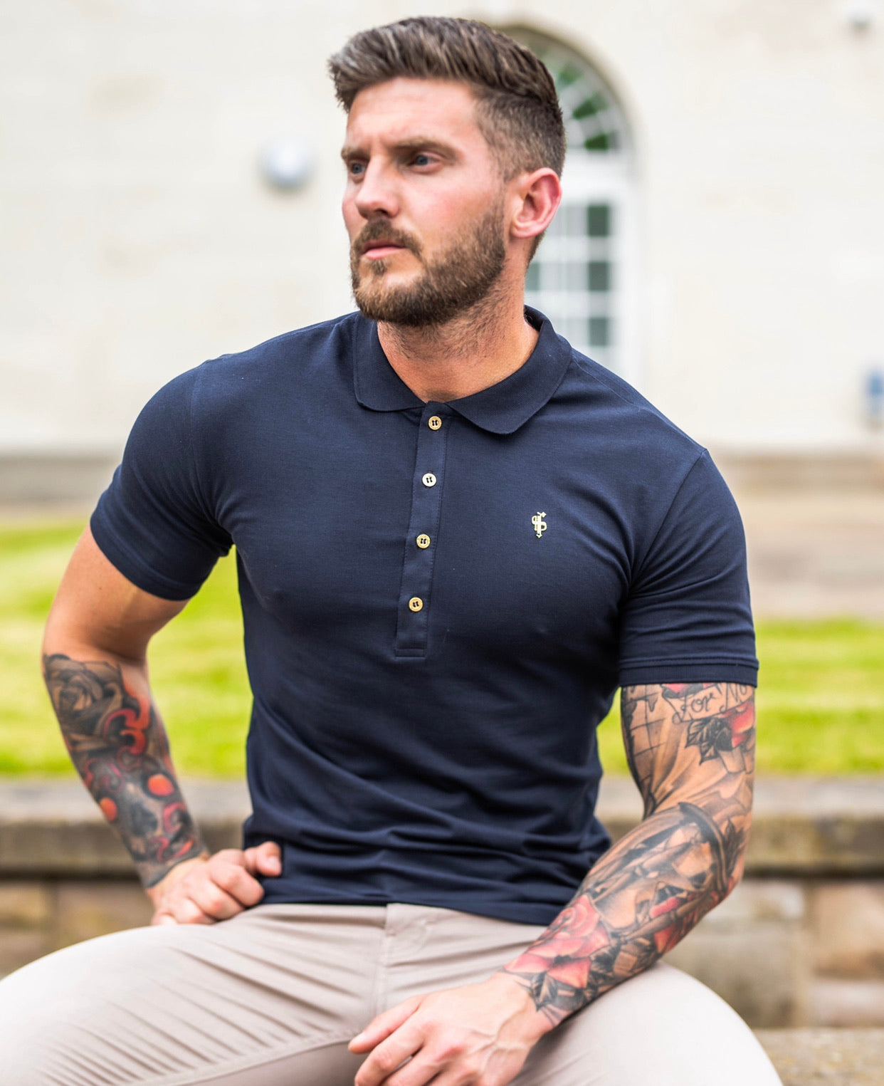 Classic Navy Polo Shirt with Gold Metal Emblem Decal & Buttons - FSH462