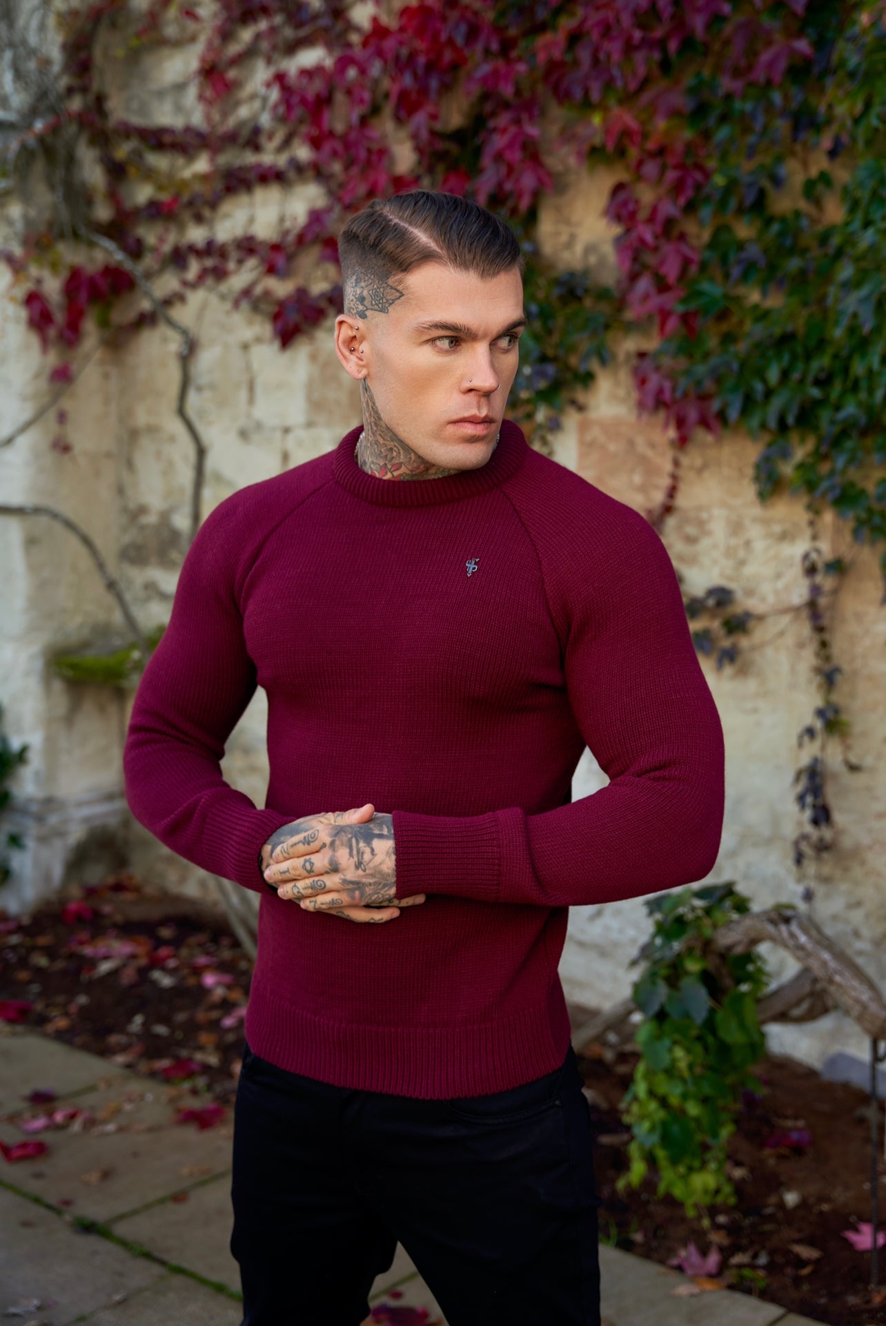 Burgundy Knitted Raglan Crew Super Slim Jumper With Metal Decal - FSJ055