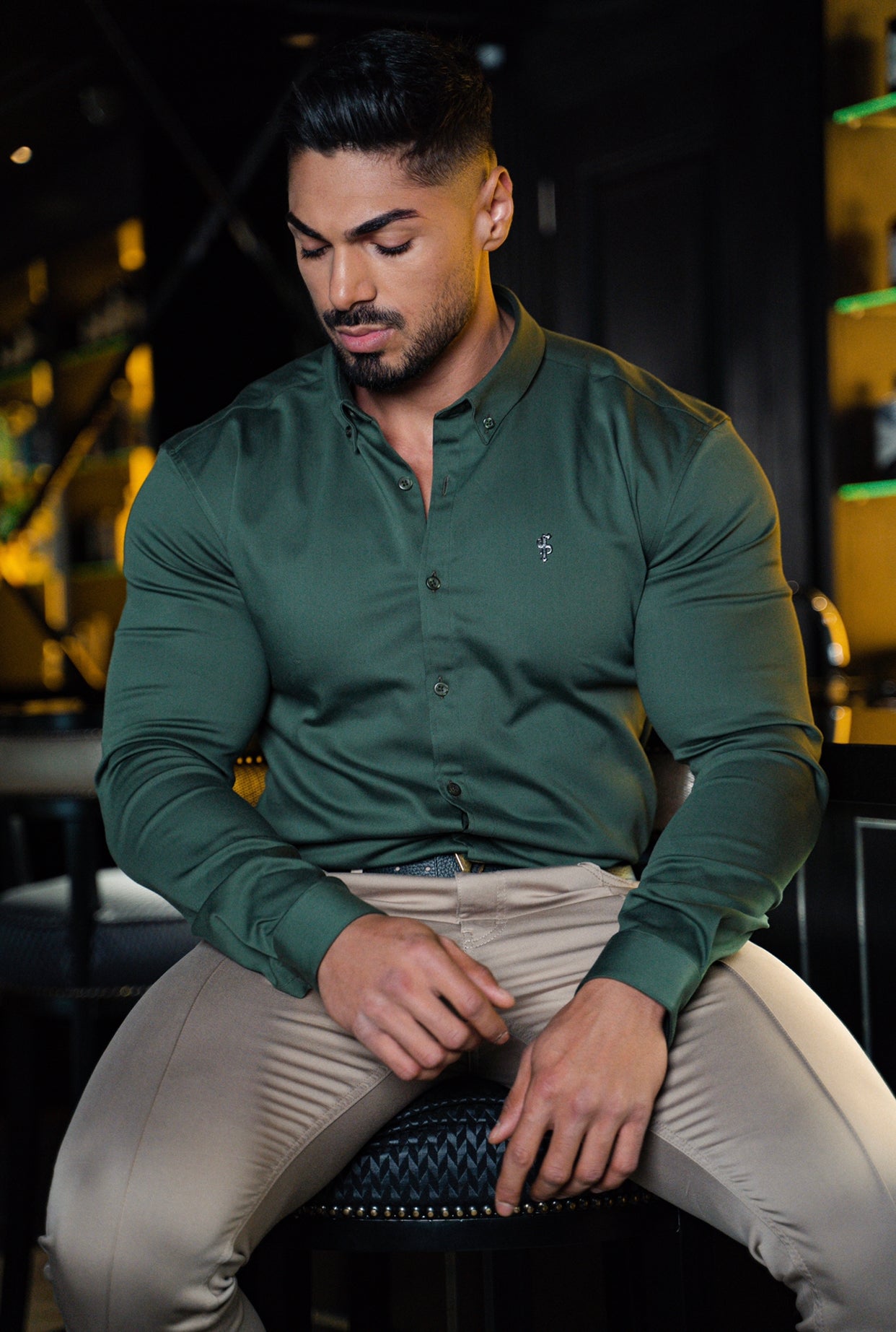 Super Slim Stretch Khaki Denim Long Sleeve with Metal Decal Emblem - FS632