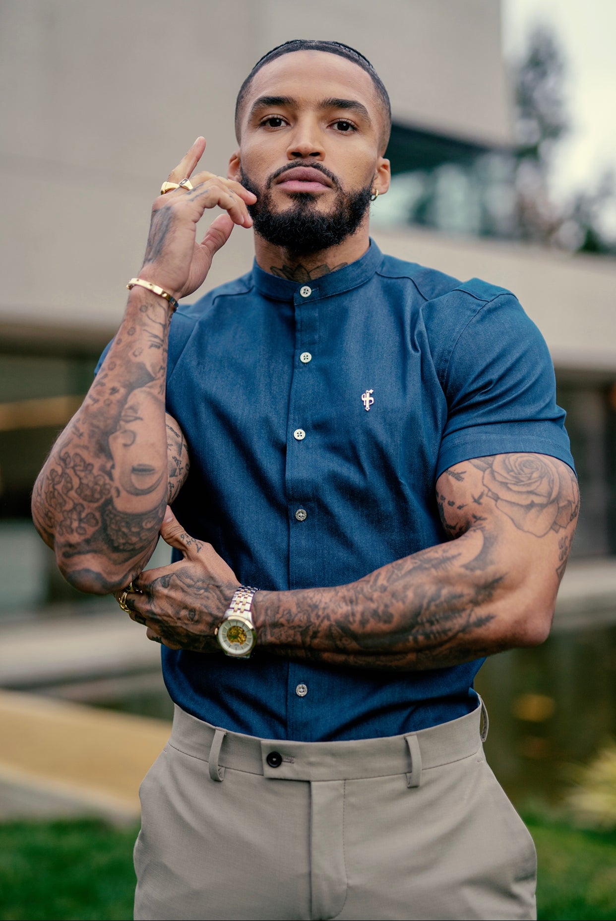 Super Slim Stretch Aegean Blue Denim Short Sleeve Grandad Collar with Metal Buttons and Decal Emblem - FS776