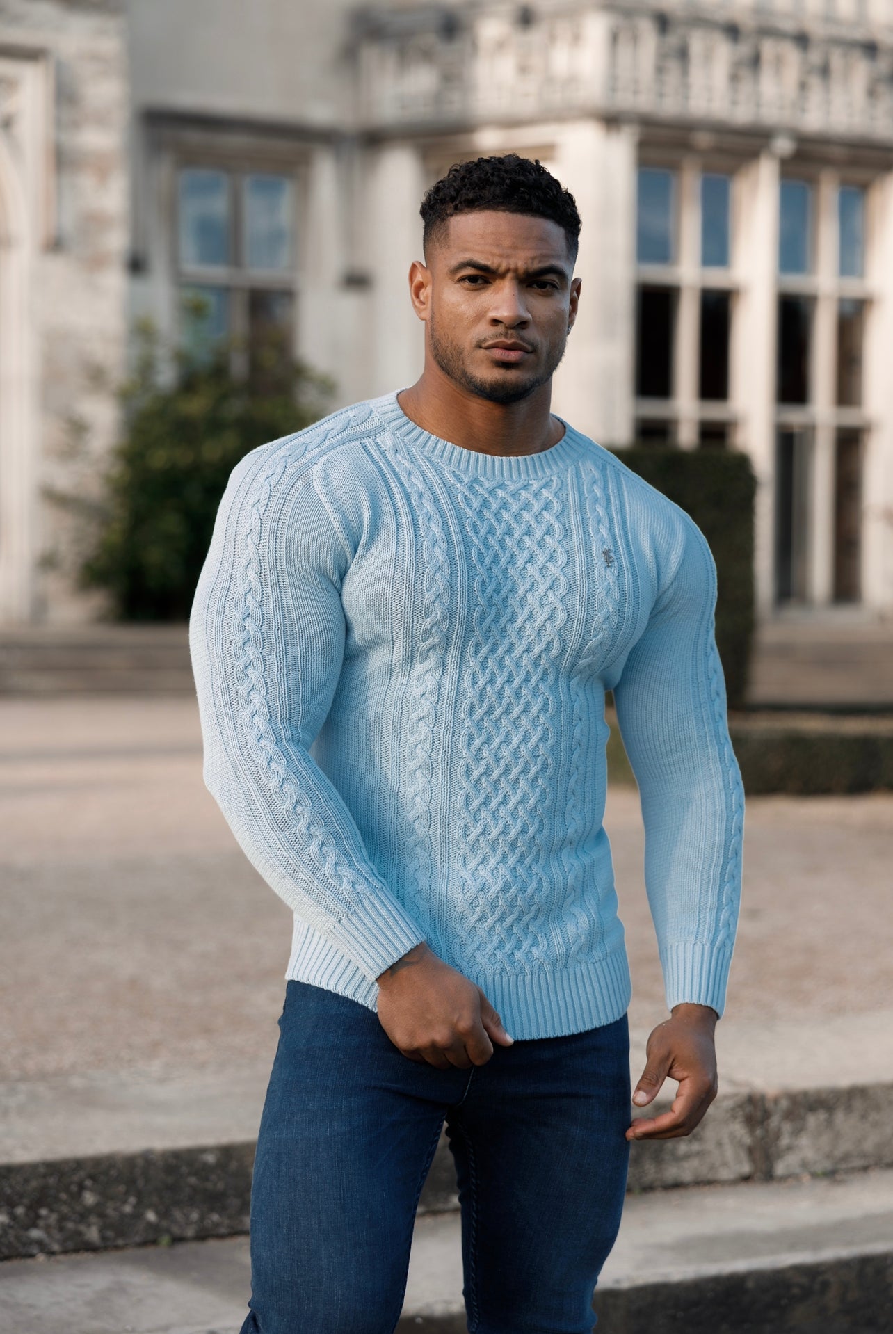 Sky Blue Knitted Cable Saddle Crew Super Slim Jumper With Metal Decal - FSN081