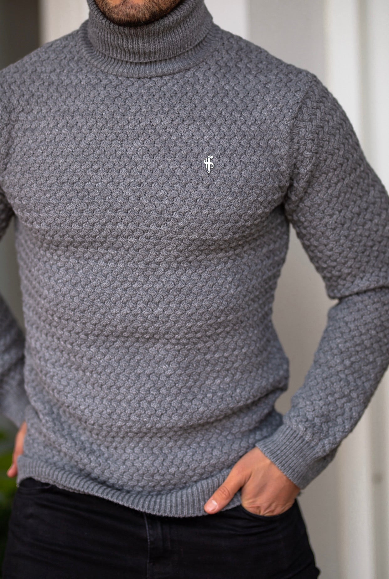 Charcoal Knitted Roll Neck Weave Super Slim Jumper With Metal Decal - FSJ027