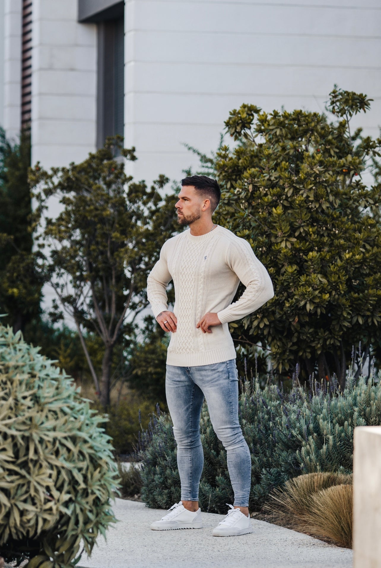 Oatmeal Knitted Cable Saddle Crew Super Slim Jumper With Metal Decal - FSN076