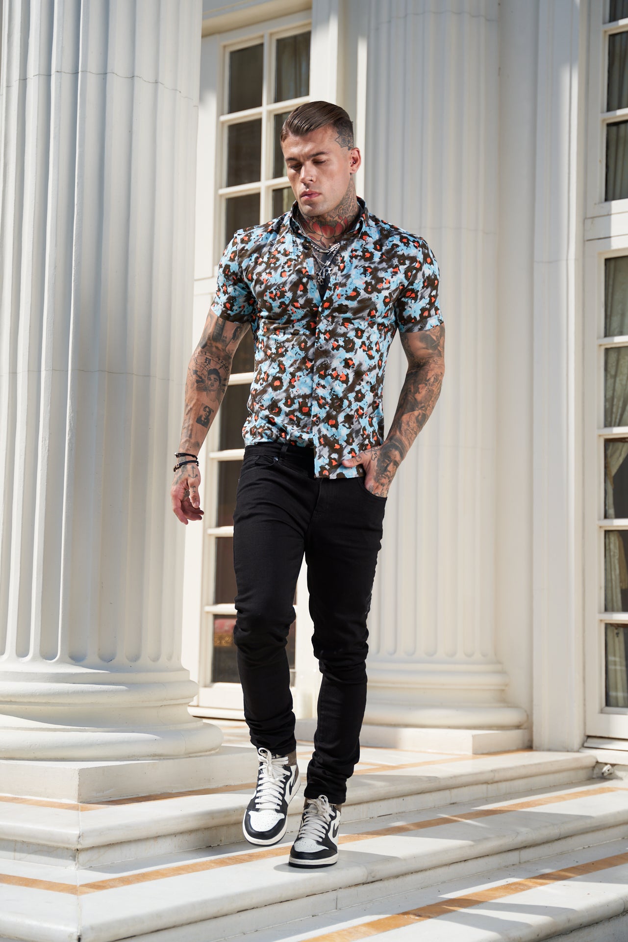Super Slim Stretch Multi Colour Abstract Leopard Print Short Sleeve with Button Down Collar - FS790