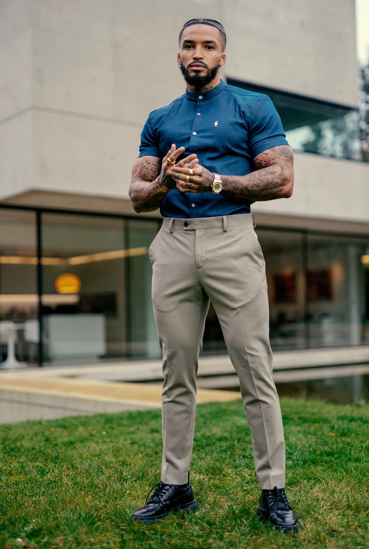 Super Slim Stretch Aegean Blue Denim Short Sleeve Grandad Collar with Metal Buttons and Decal Emblem - FS776