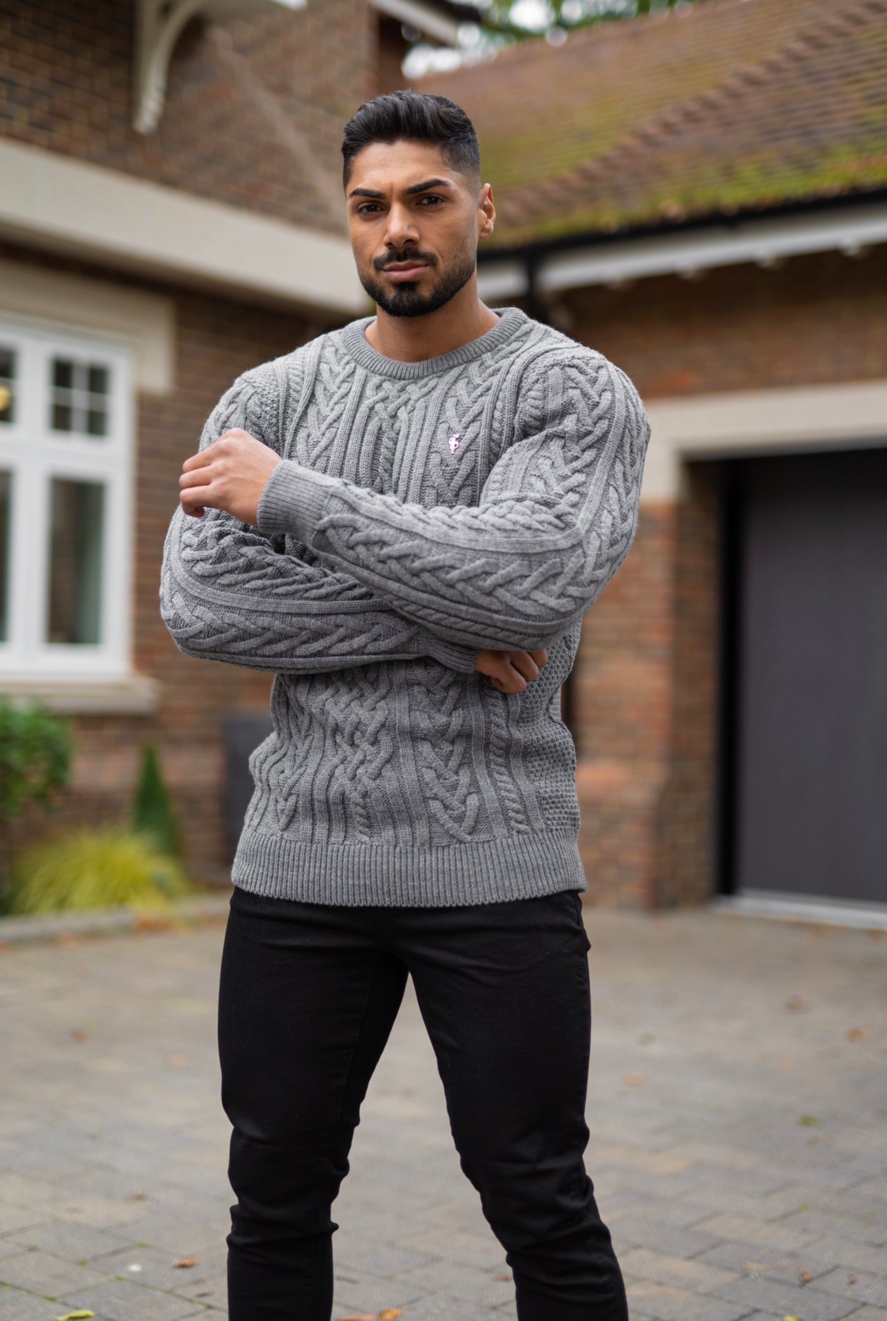 Grey Twisted Braid Weave Super Slim Jumper With Silver Decal - FSJ035