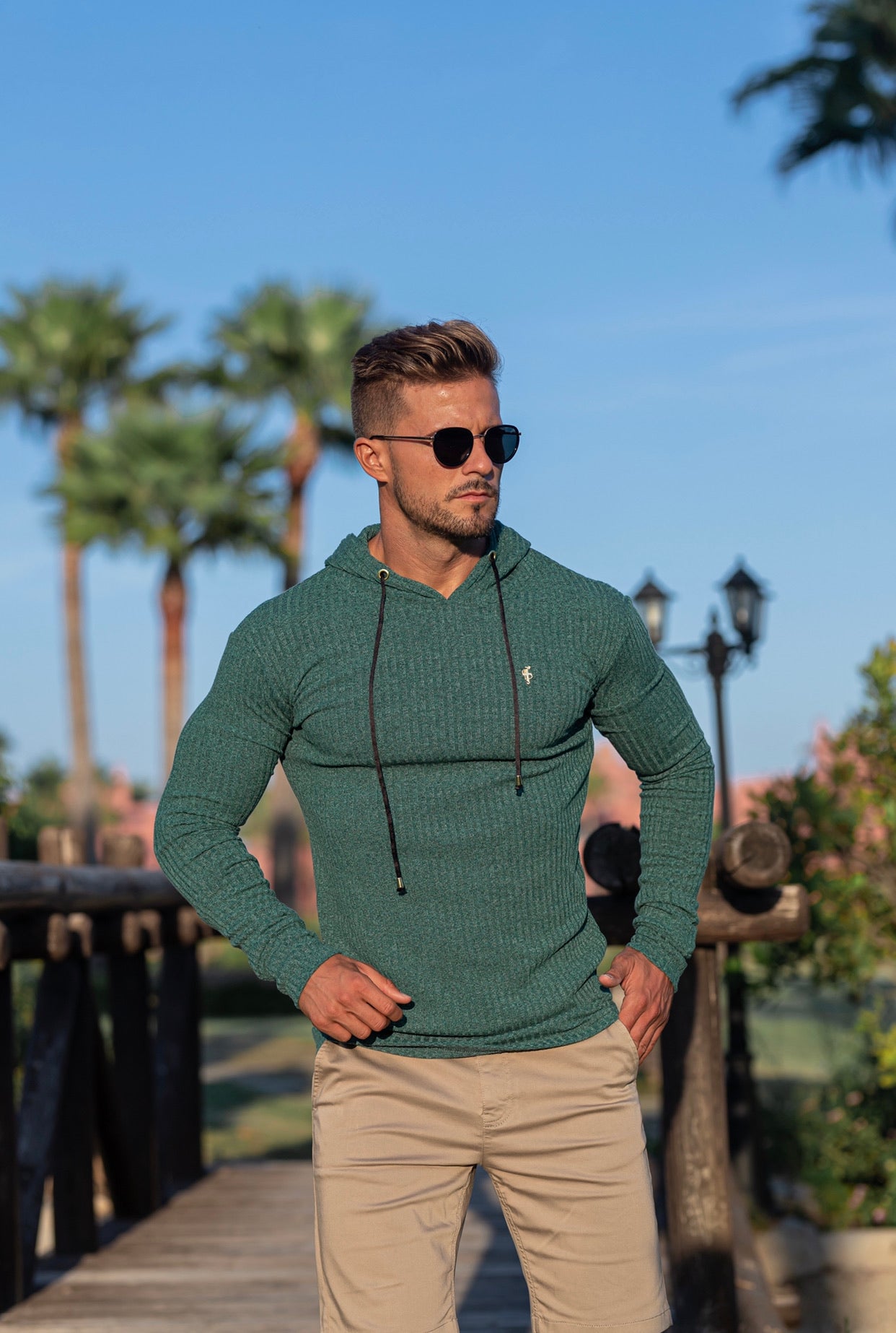 Classic Forest Green / Gold Ribbed Knit Hoodie Jumper - FSH508