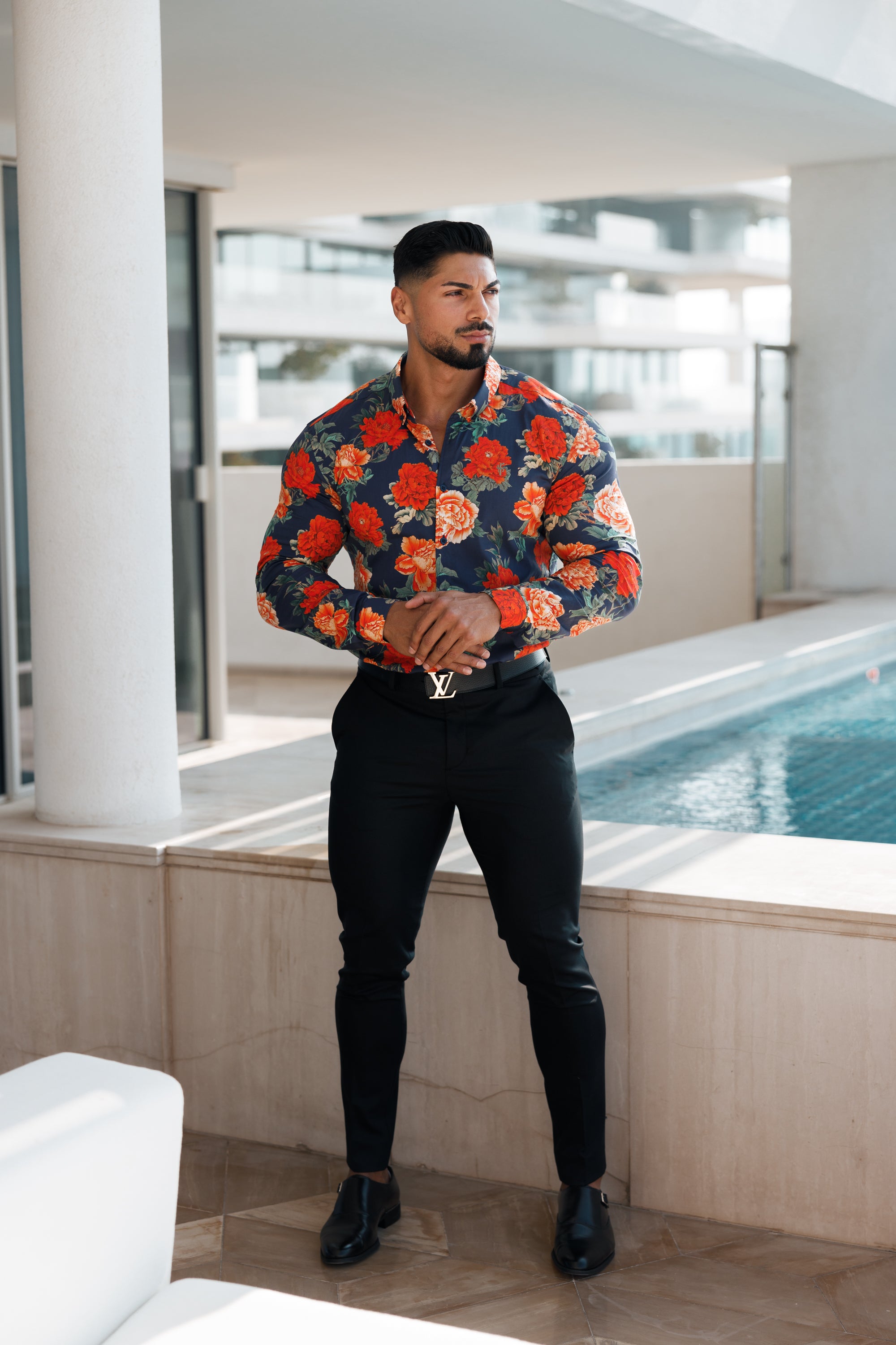 Super Slim Stretch Navy and Red Floral Print Long Sleeve with Button Down Collar - FS840