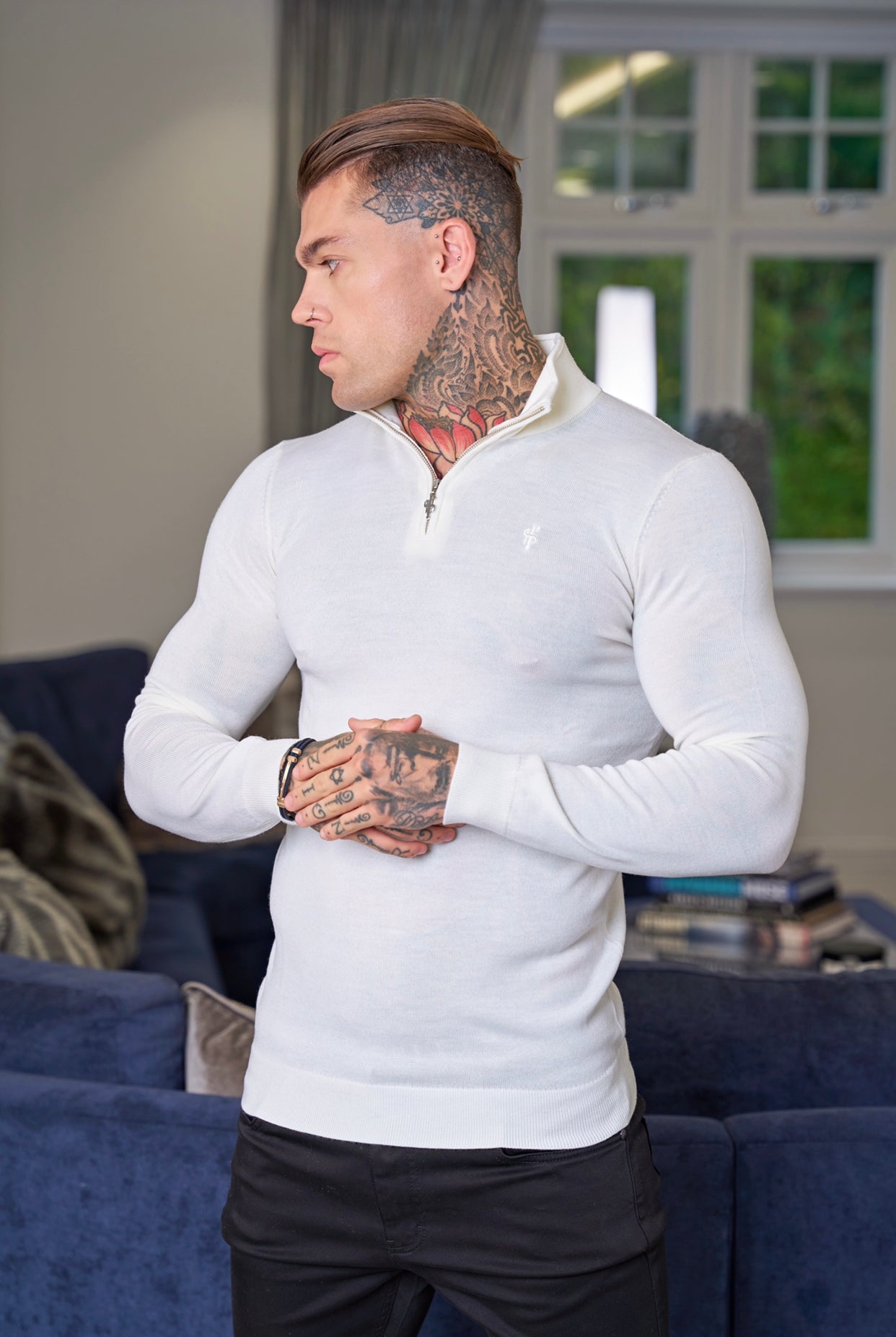 Classic White Merino Wool Knitted Funnel Neck Zip Long Sleeve Jumper With FS Embroidery- FSN021
