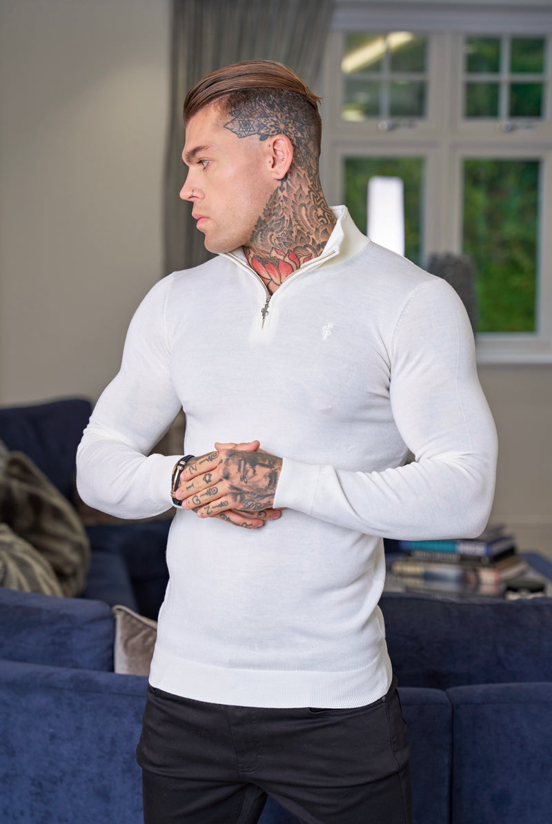 Father Sons Classic White Merino Wool Knitted Funnel Neck Zip Long Sleeve Jumper With FS Embroidery- FSN021