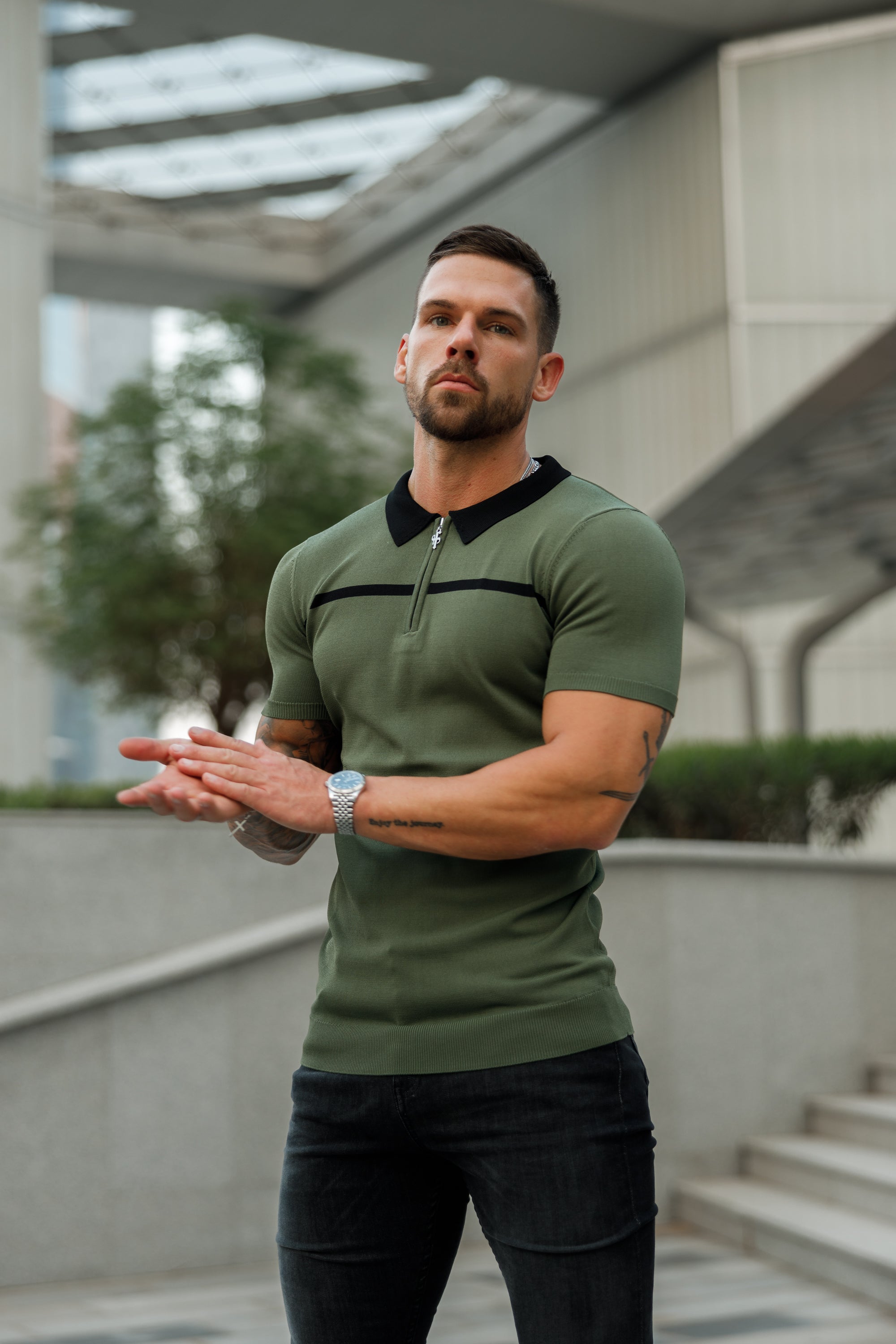 Classic Khaki / Black Horizontal Stripe Zipped Polo Short Sleeve - FSN042