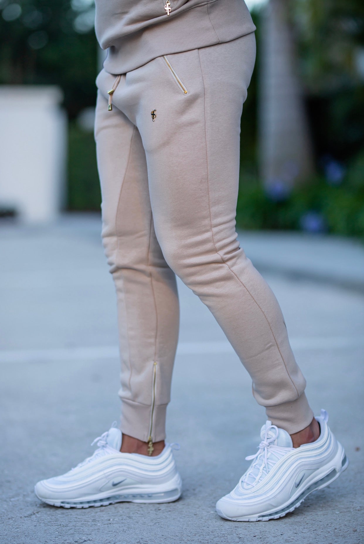 Beige & Gold Tapered Bottoms with Ankle Zip Detail - FSH484