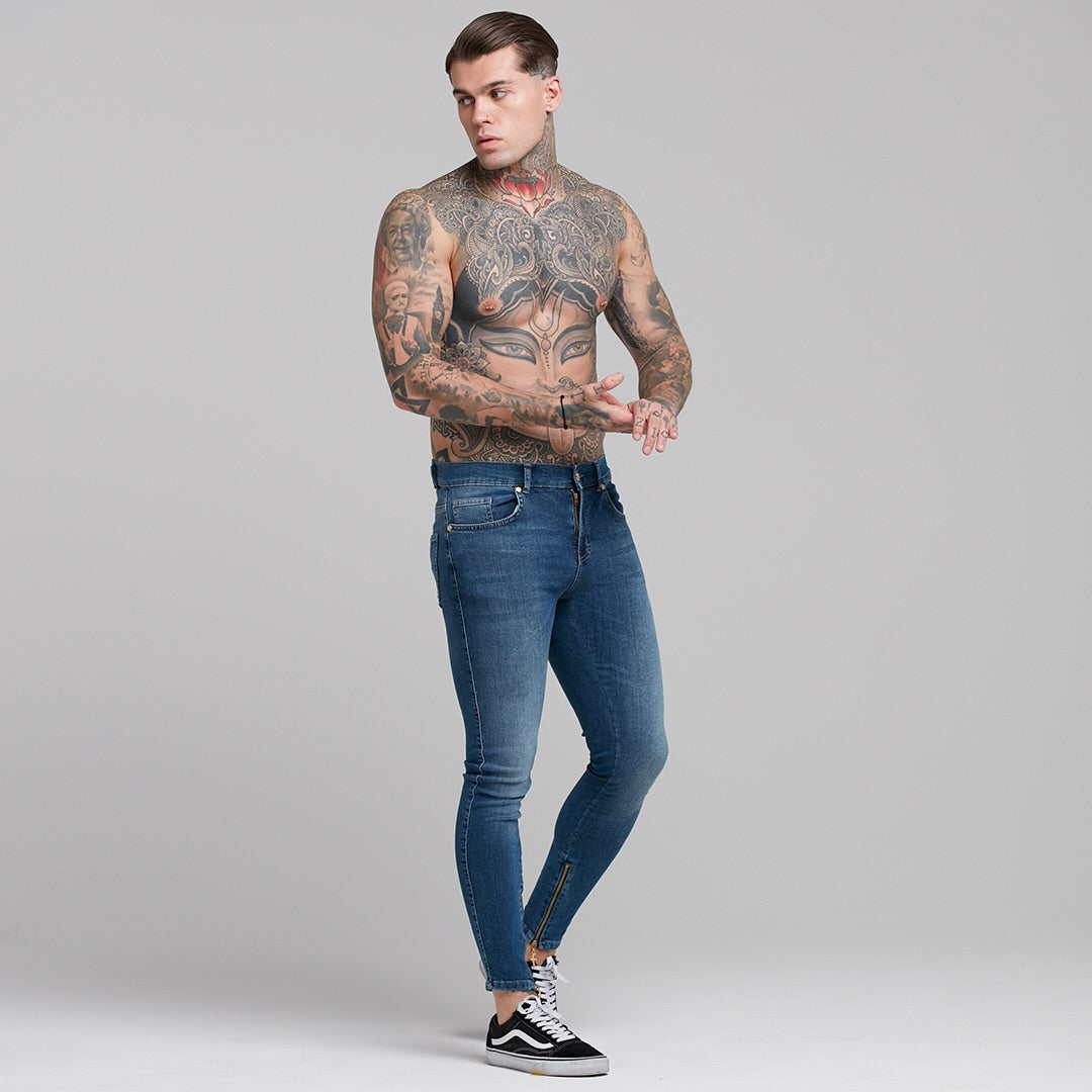 Zipped Ankle Plain Slim Stretch Blue Jeans - FSH181