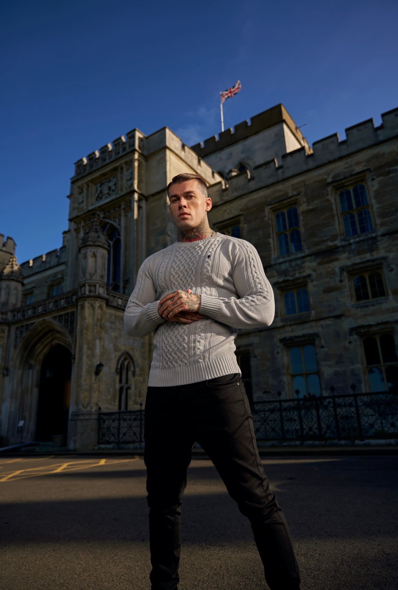 Grey Knitted Cable Saddle Crew Super Slim Jumper With Metal Decal - FSN077