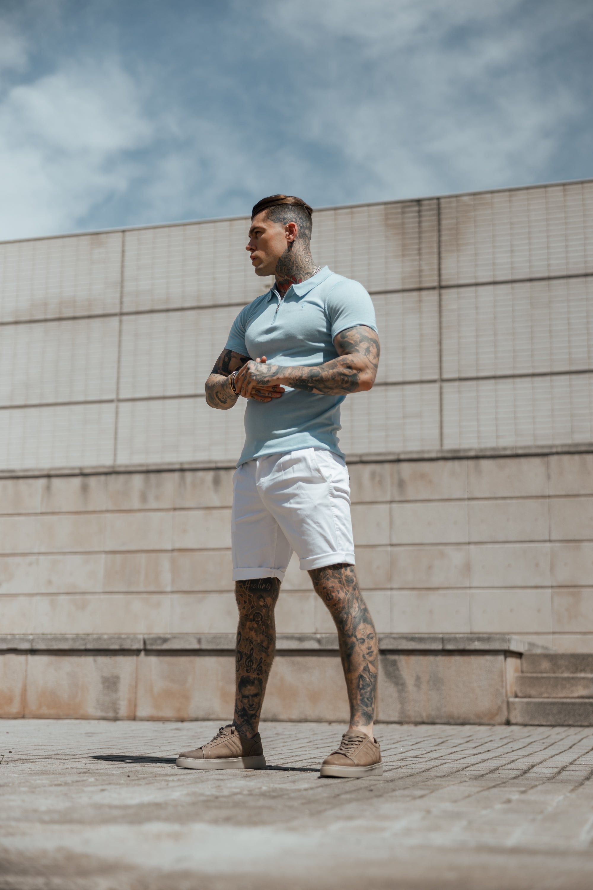 Classic Powder Blue Merino Wool Knitted Zip Polo Short Sleeve Jumper With FS Embroidery- FSN031