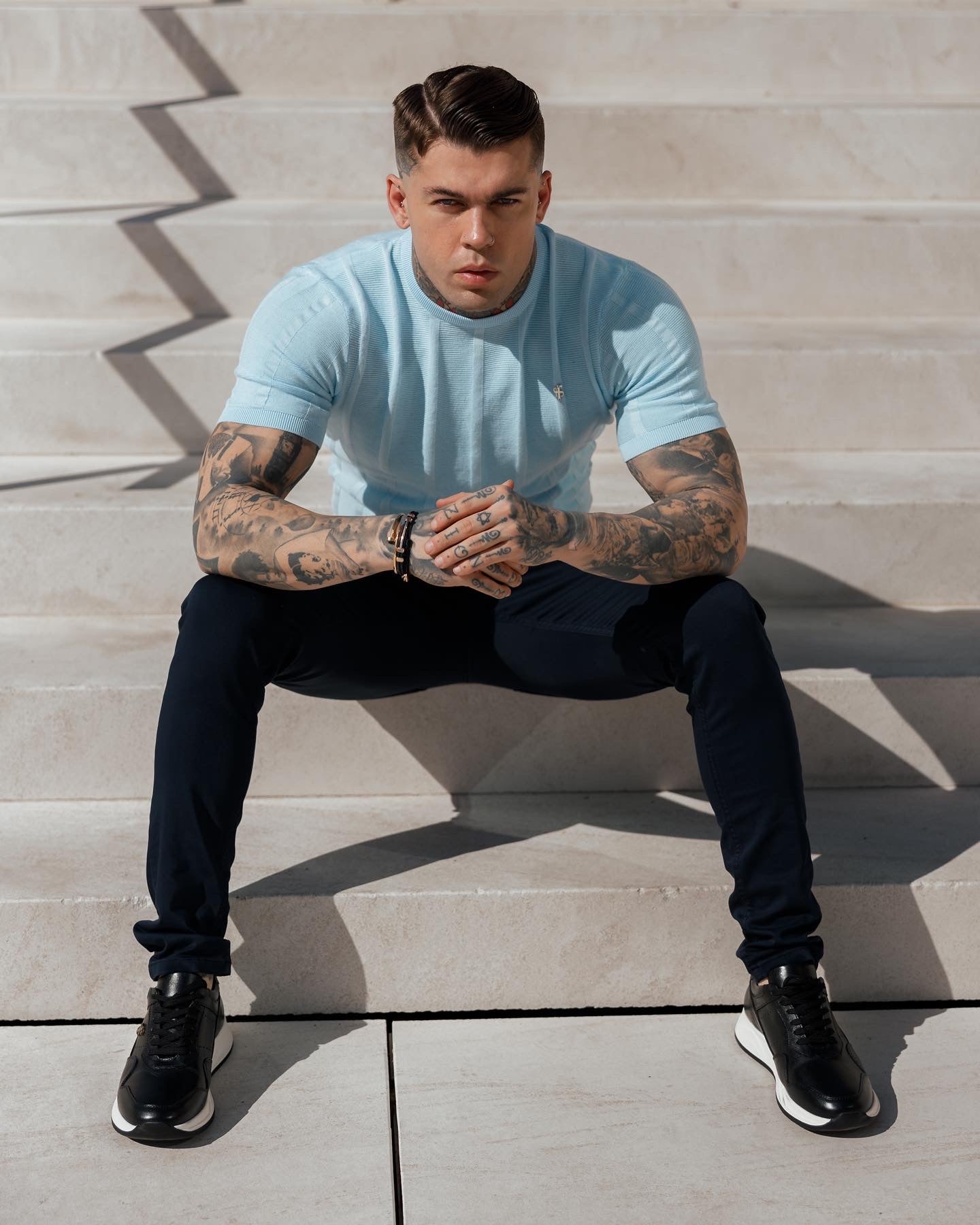 Classic Short Sleeve Baby Blue Knitted Wide Rib Crew with Silver Emblem - FSH739