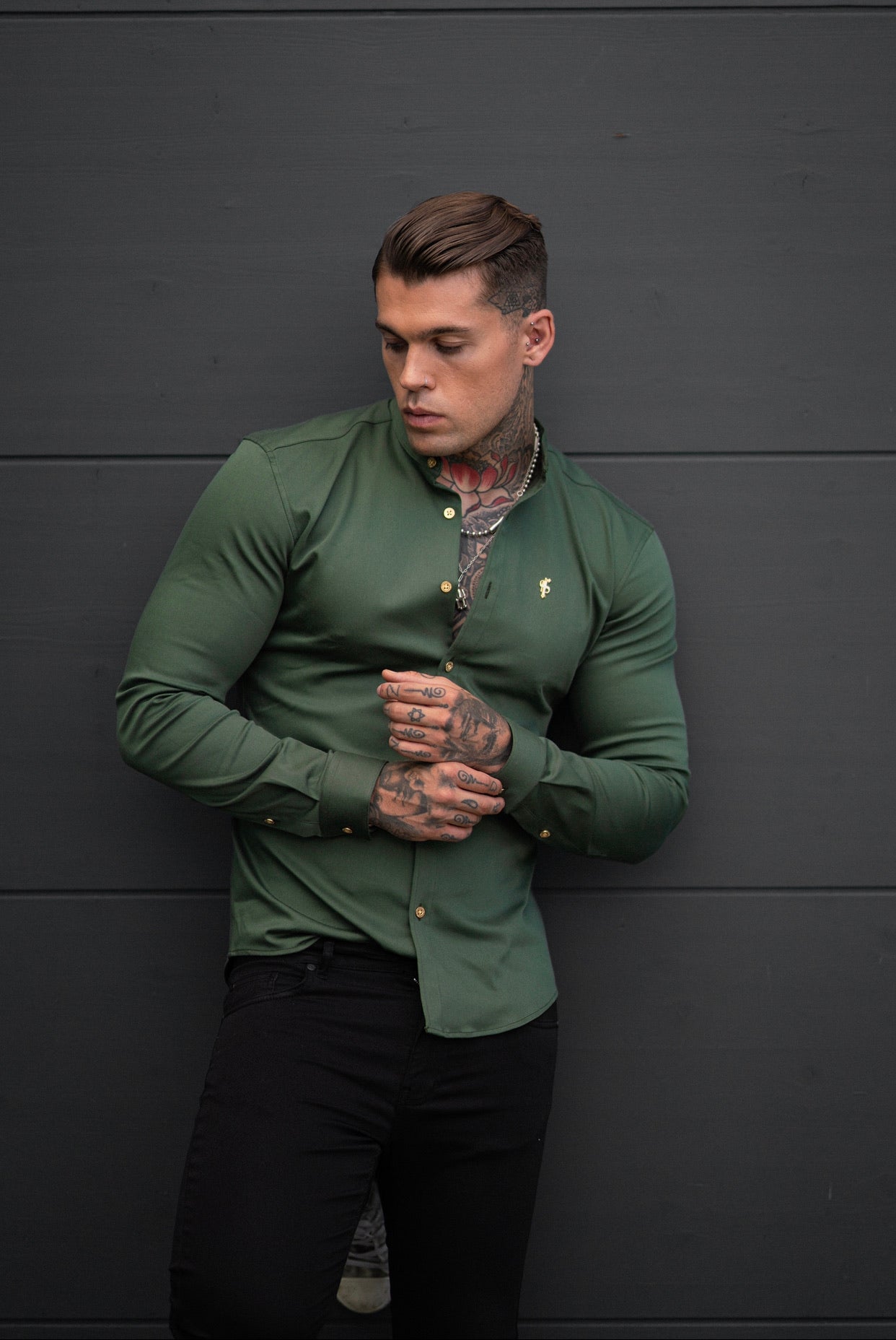 Super Slim Stretch Khaki Denim Long Sleeve Grandad collar with Metal Buttons and Decal Emblem - FS715