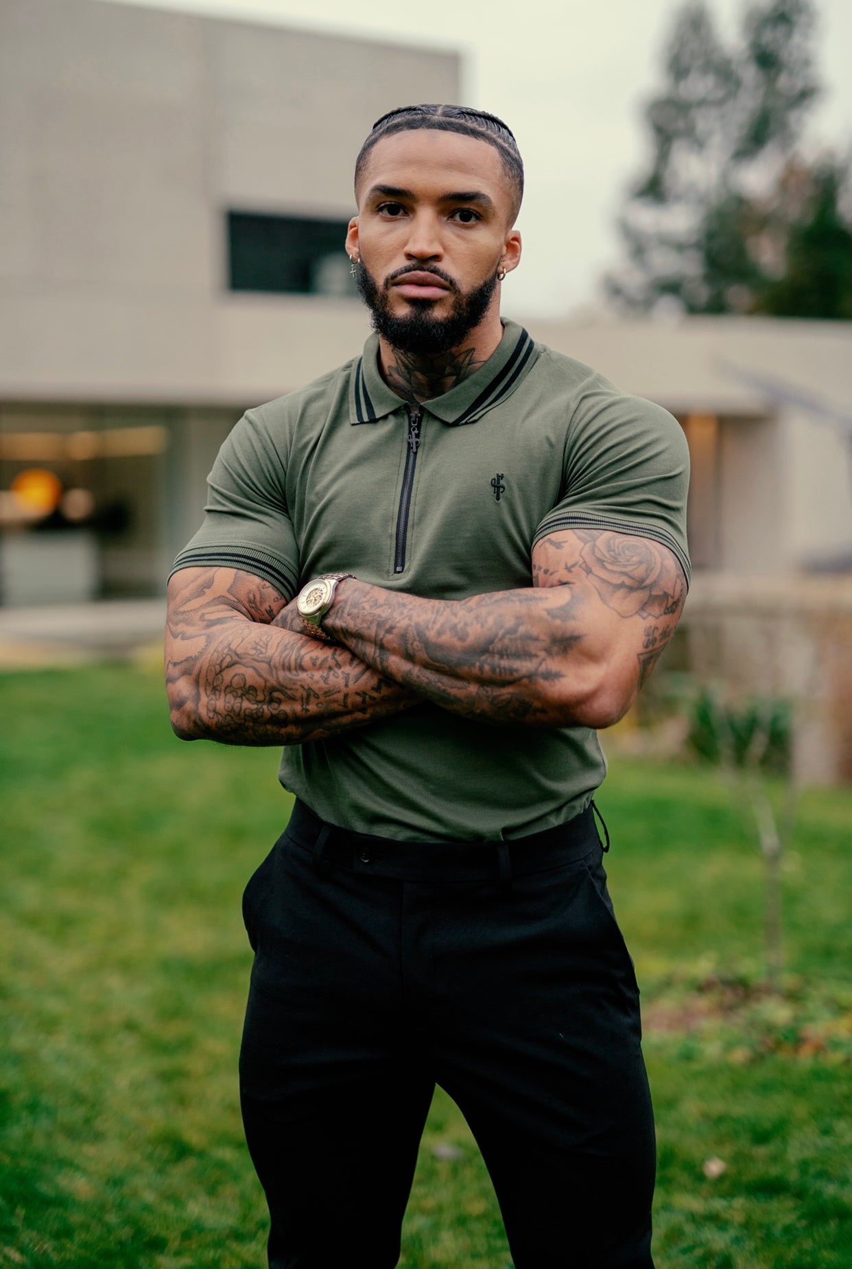 Khaki and Black Collar Contrast Zip Polo - FSH337